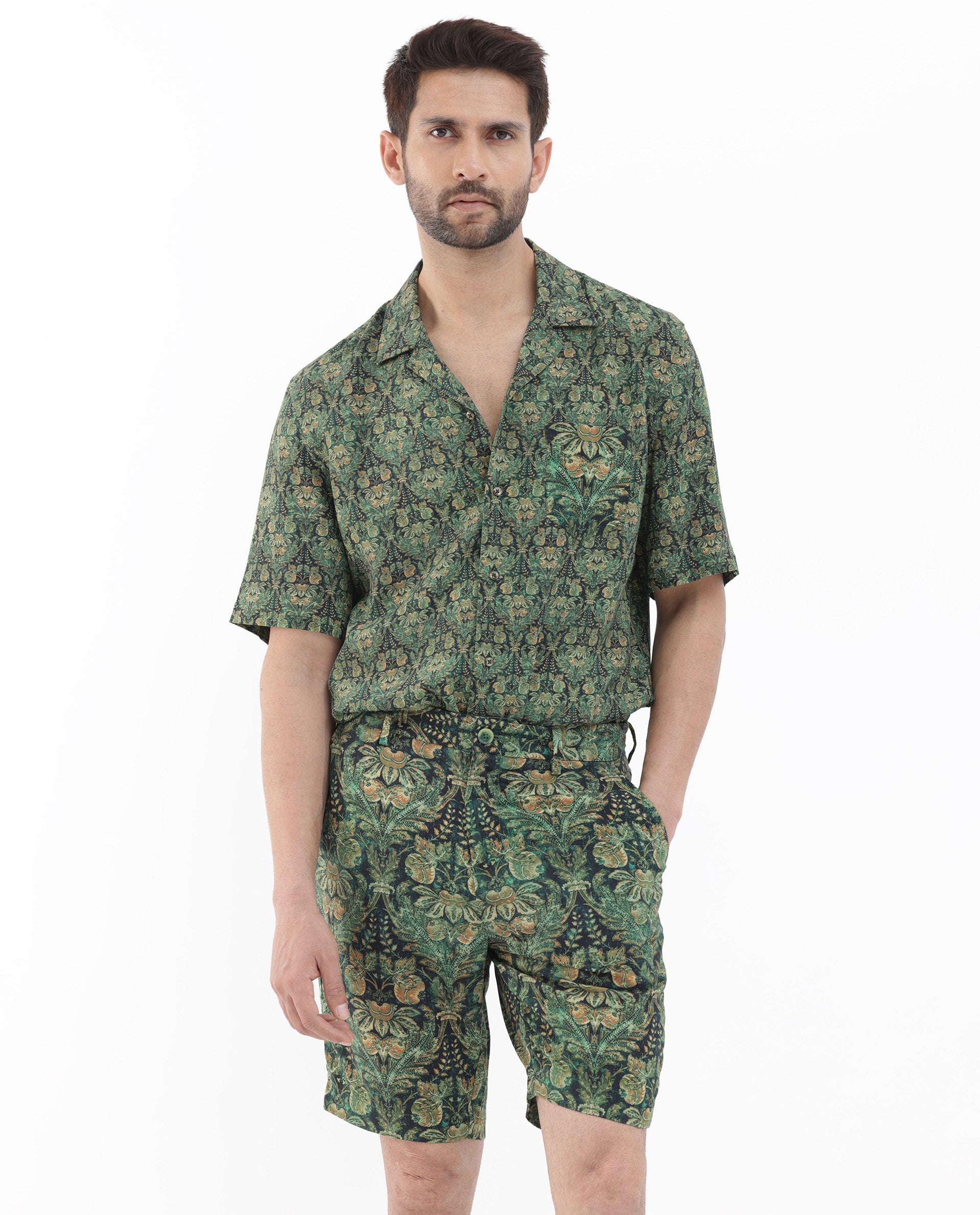 Rare Rabbit Mens Rabeno Dark Green Viscose Fabric Tropical Printed Shorts