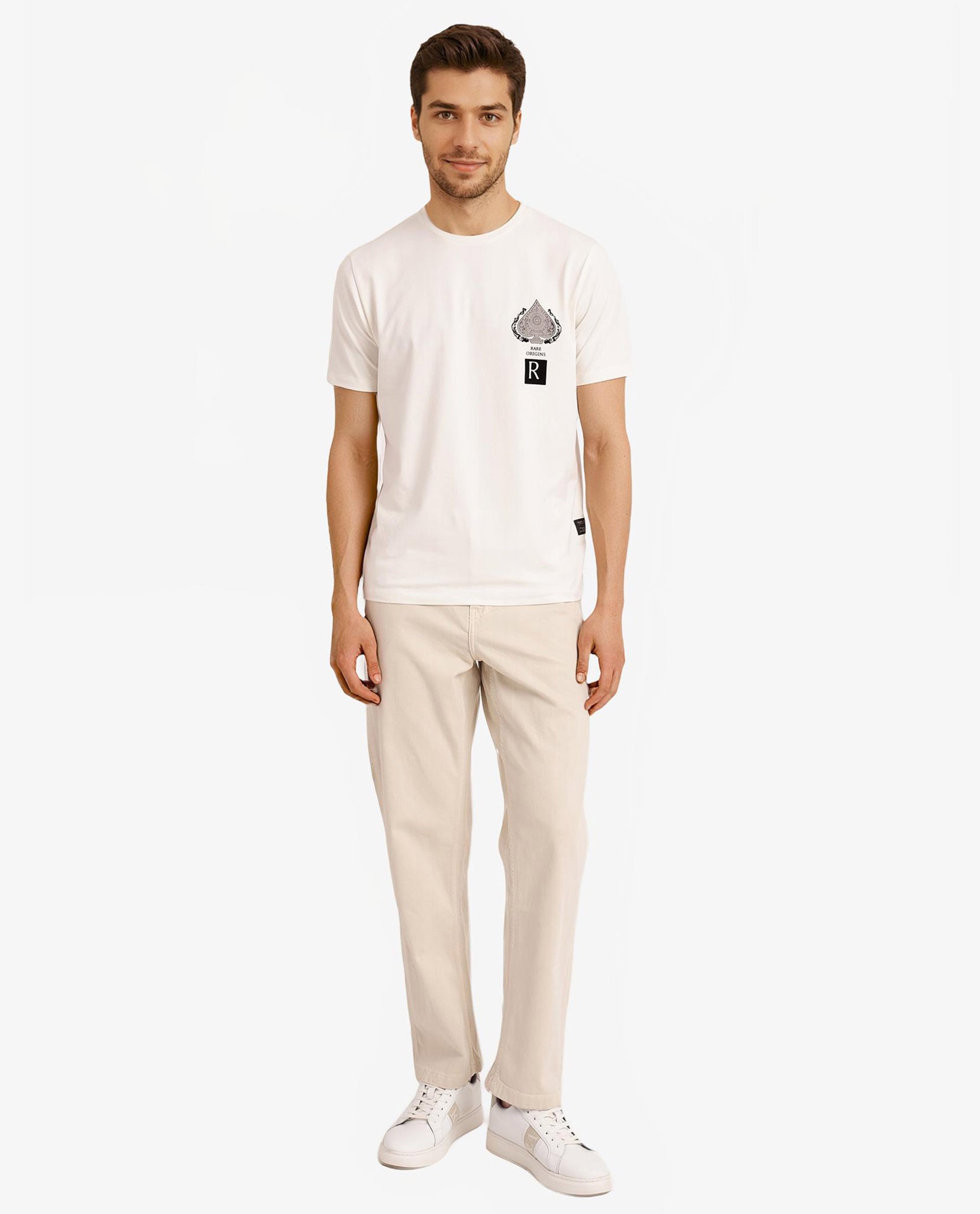 Rare Rabbit Men Rabo Off White Cotton Lycra Fabric Short Sleeve Crew Neck Regular Fit Flock HD Graphic Print T-Shirt