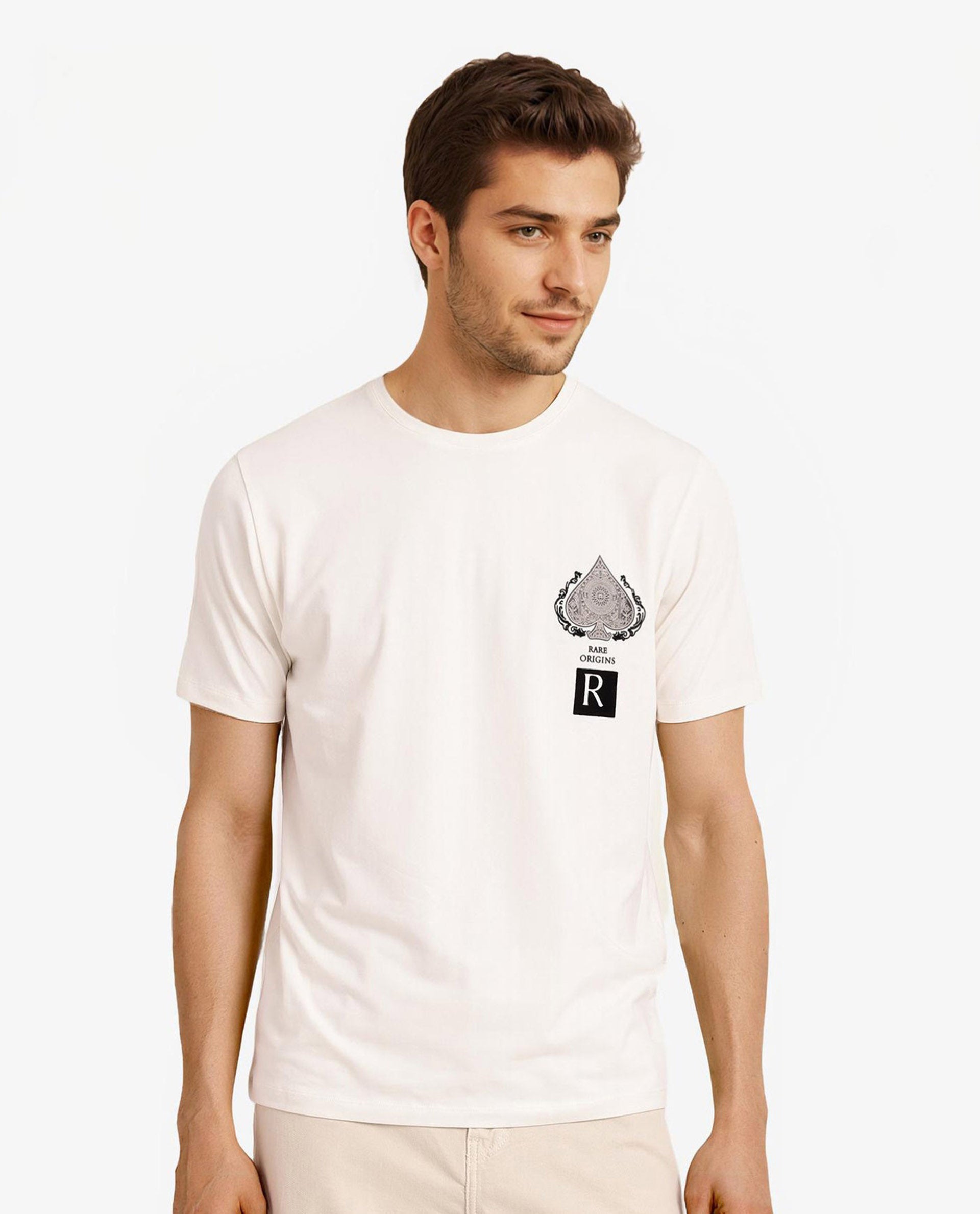 Rare Rabbit Men Rabo Off White Cotton Lycra Fabric Short Sleeve Crew Neck Regular Fit Flock HD Graphic Print T-Shirt