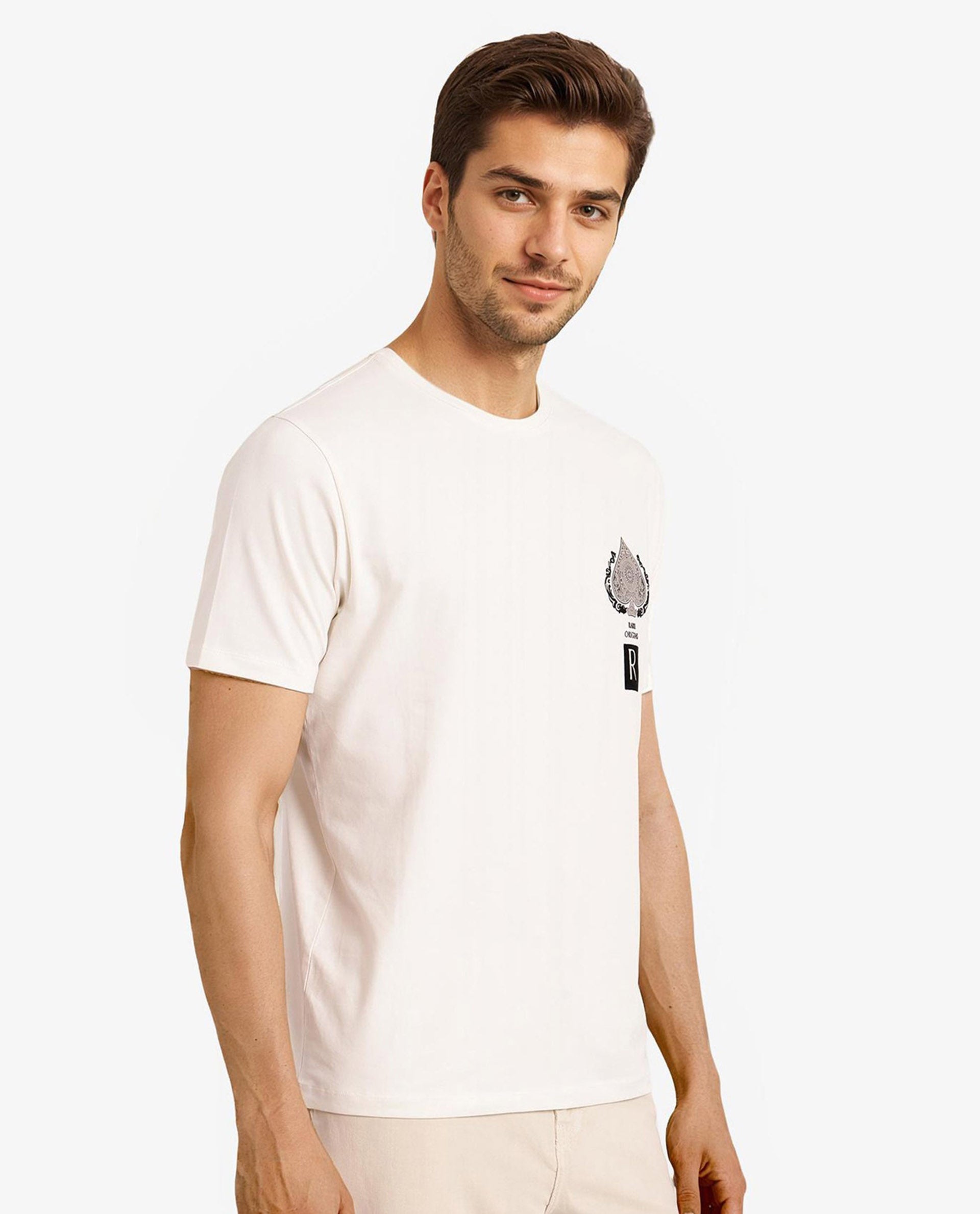 Rare Rabbit Men Rabo Off White Cotton Lycra Fabric Short Sleeve Crew Neck Regular Fit Flock HD Graphic Print T-Shirt