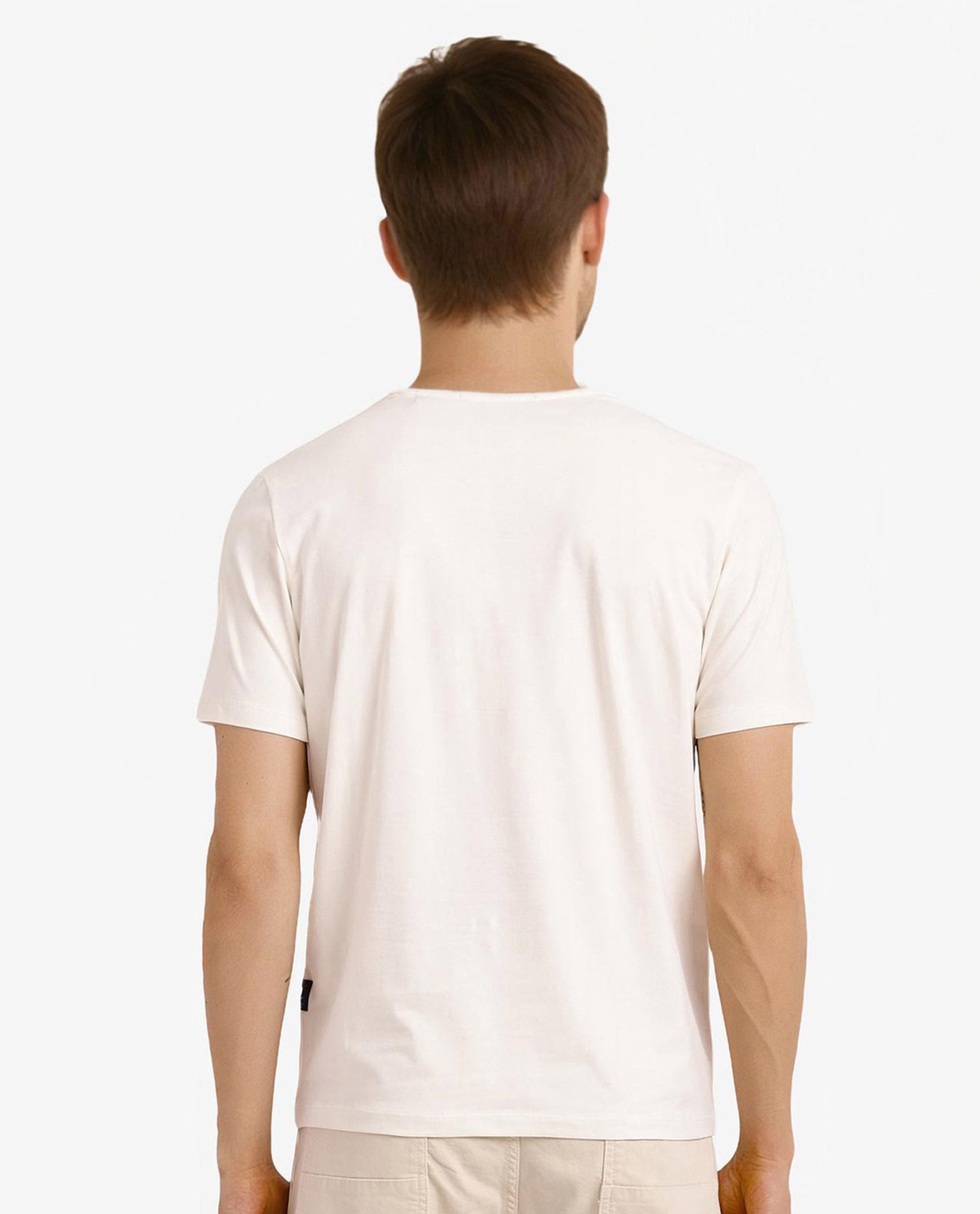 Rare Rabbit Men Rabo Off White Cotton Lycra Fabric Short Sleeve Crew Neck Regular Fit Flock HD Graphic Print T-Shirt