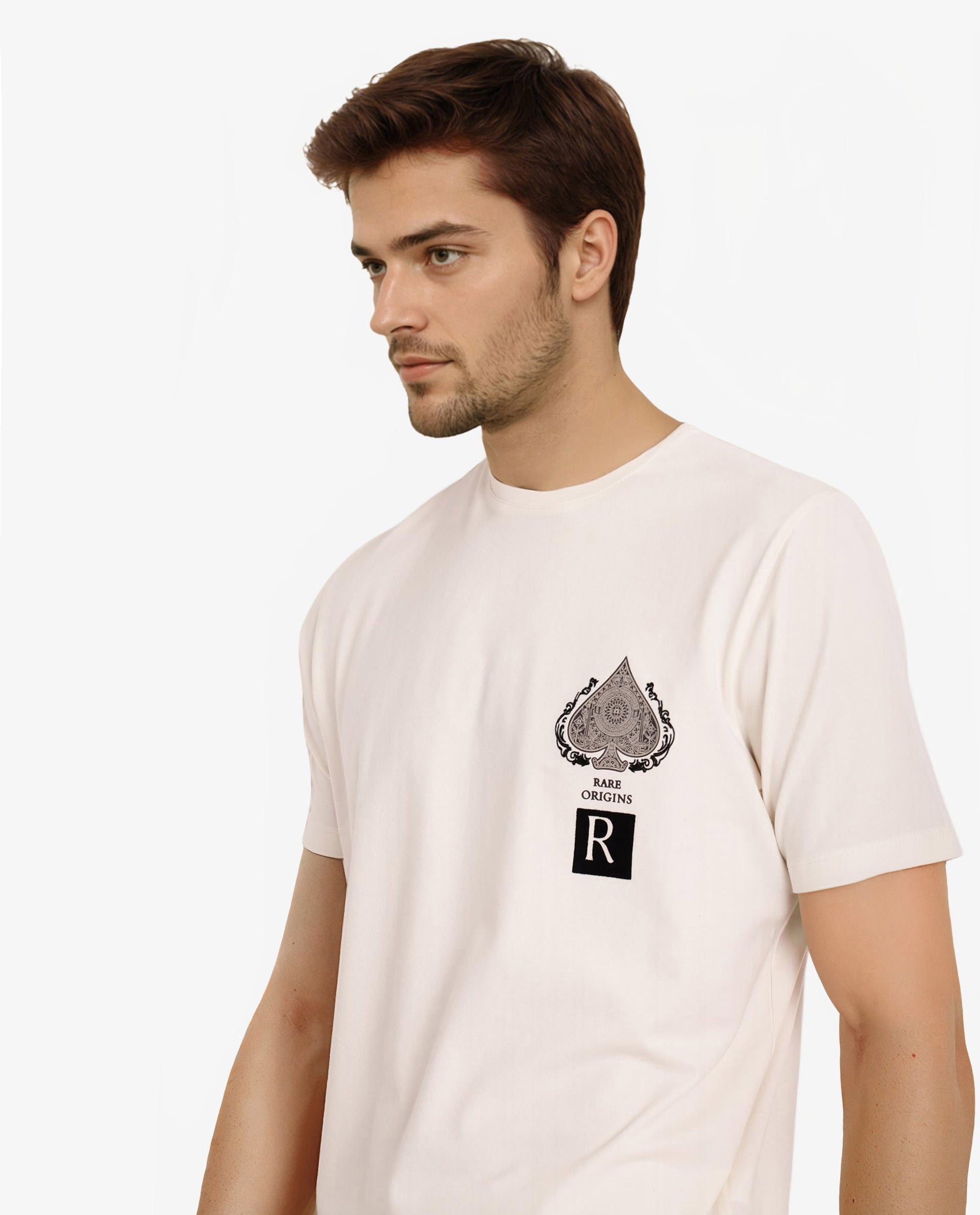 Rare Rabbit Men Rabo Off White Cotton Lycra Fabric Short Sleeve Crew Neck Regular Fit Flock HD Graphic Print T-Shirt