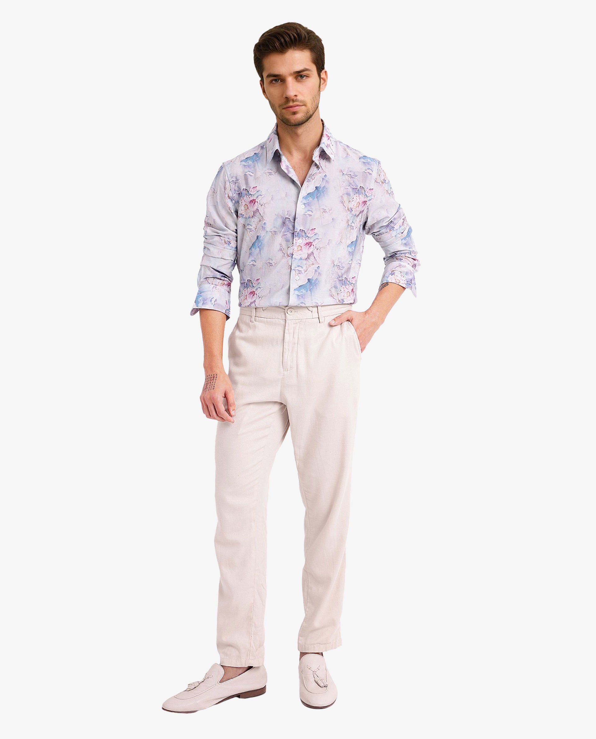 Rare Rabbit Men Raiko Pastel Purple Viscose Nylon Fabric Full Sleeve Regular Fit Floral Print Shirt