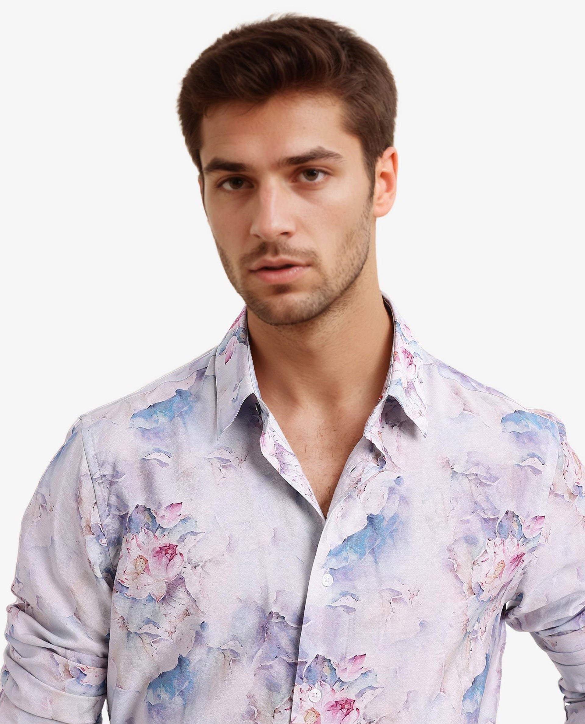 Rare Rabbit Men Raiko Pastel Purple Viscose Nylon Fabric Full Sleeve Regular Fit Floral Print Shirt