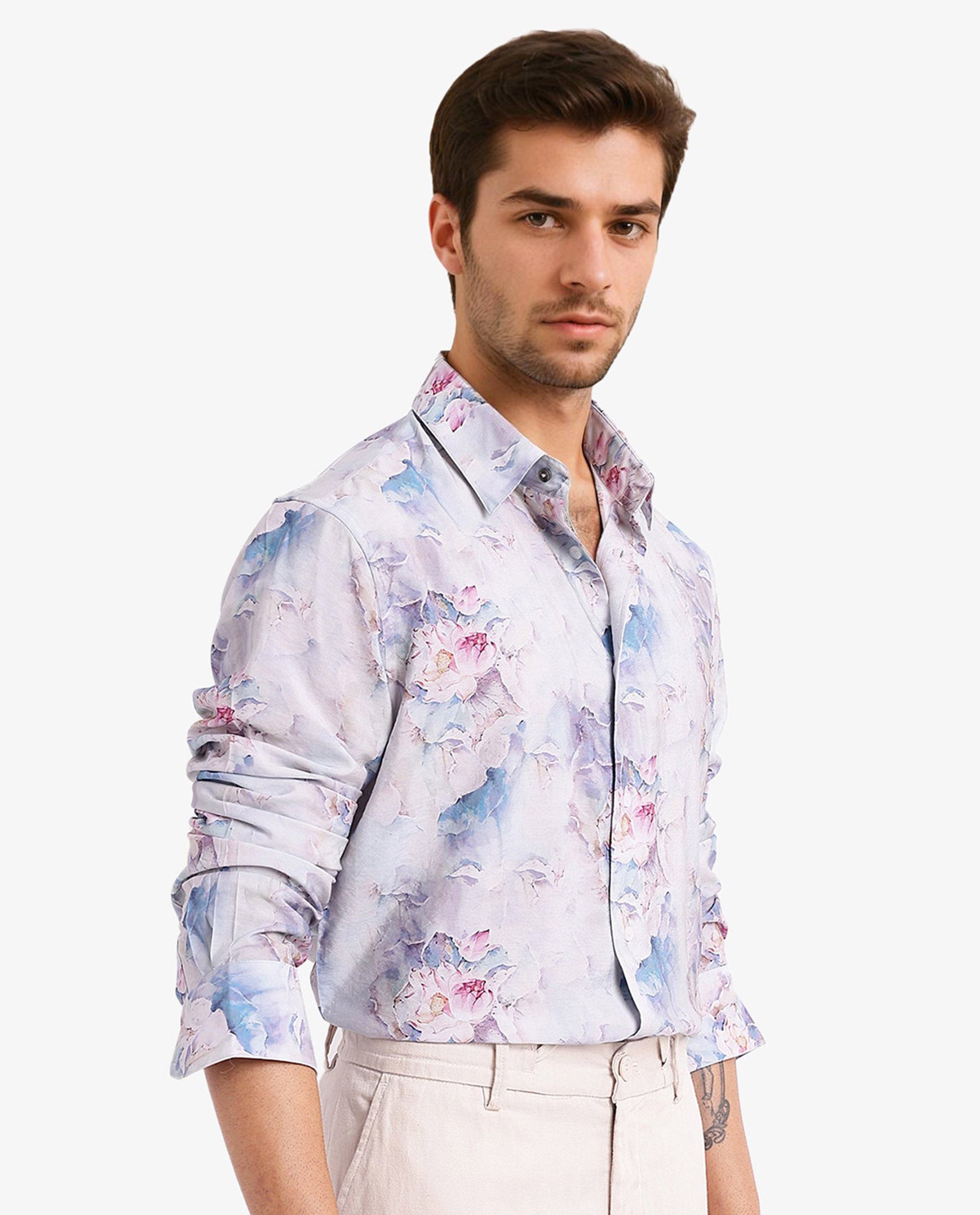 Rare Rabbit Men Raiko Pastel Purple Viscose Nylon Fabric Full Sleeve Regular Fit Floral Print Shirt