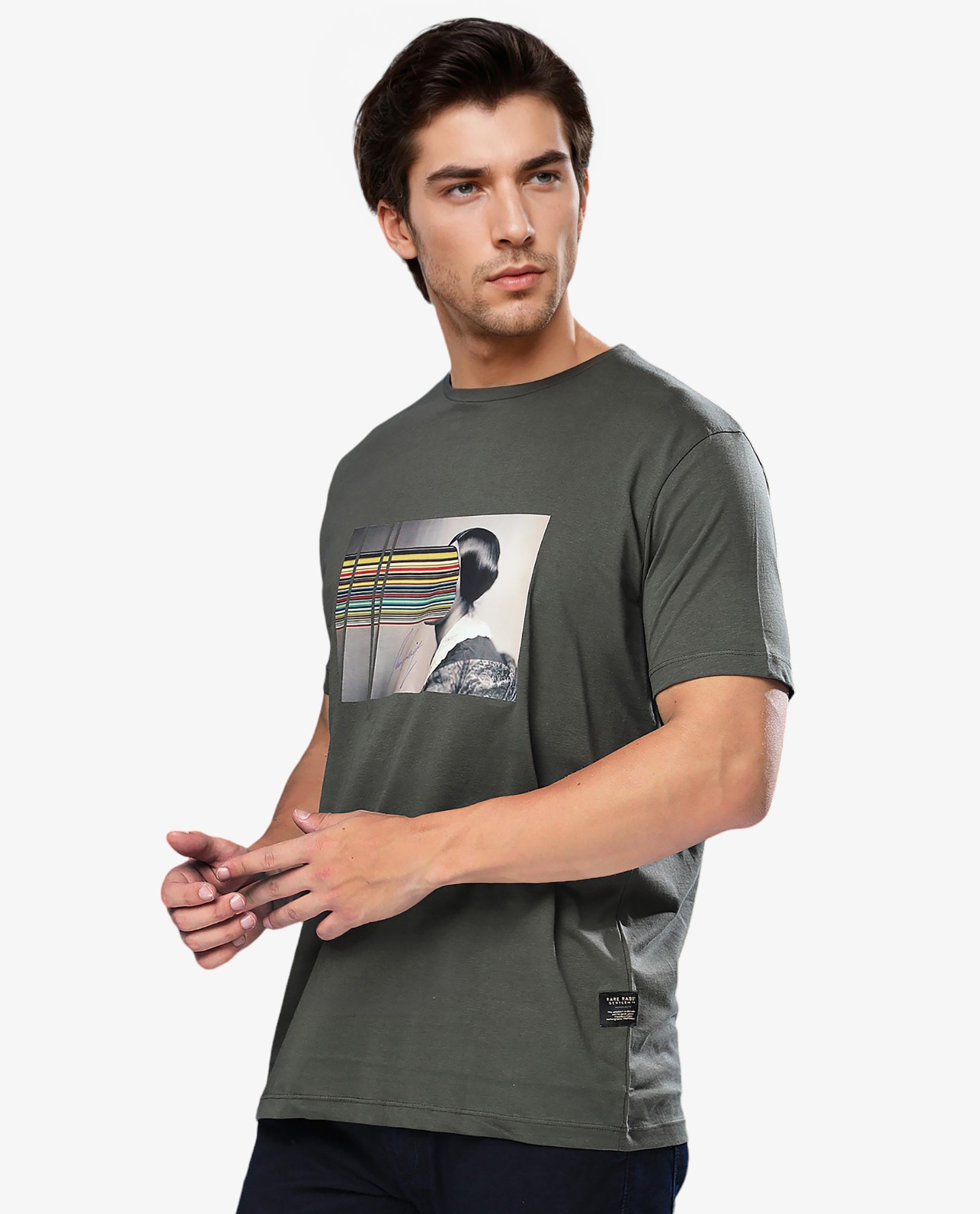 Rare Rabbit Men's Rainys Olive Crew Neck Abstract Print Slim Fit T-Shirt