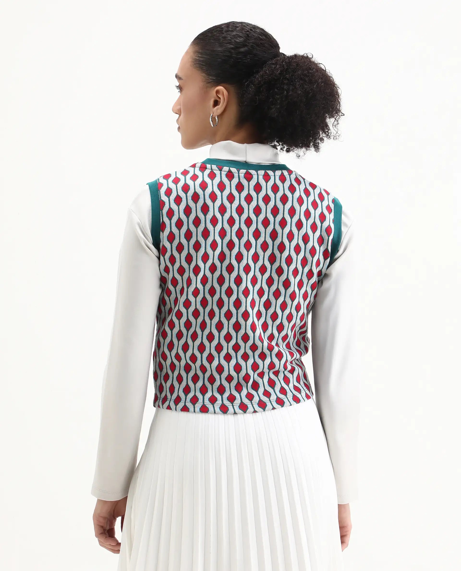 Rareism Women's Rako Multi Cotton Crew Neck Geometric Print Sleeveless Slim Fit Top