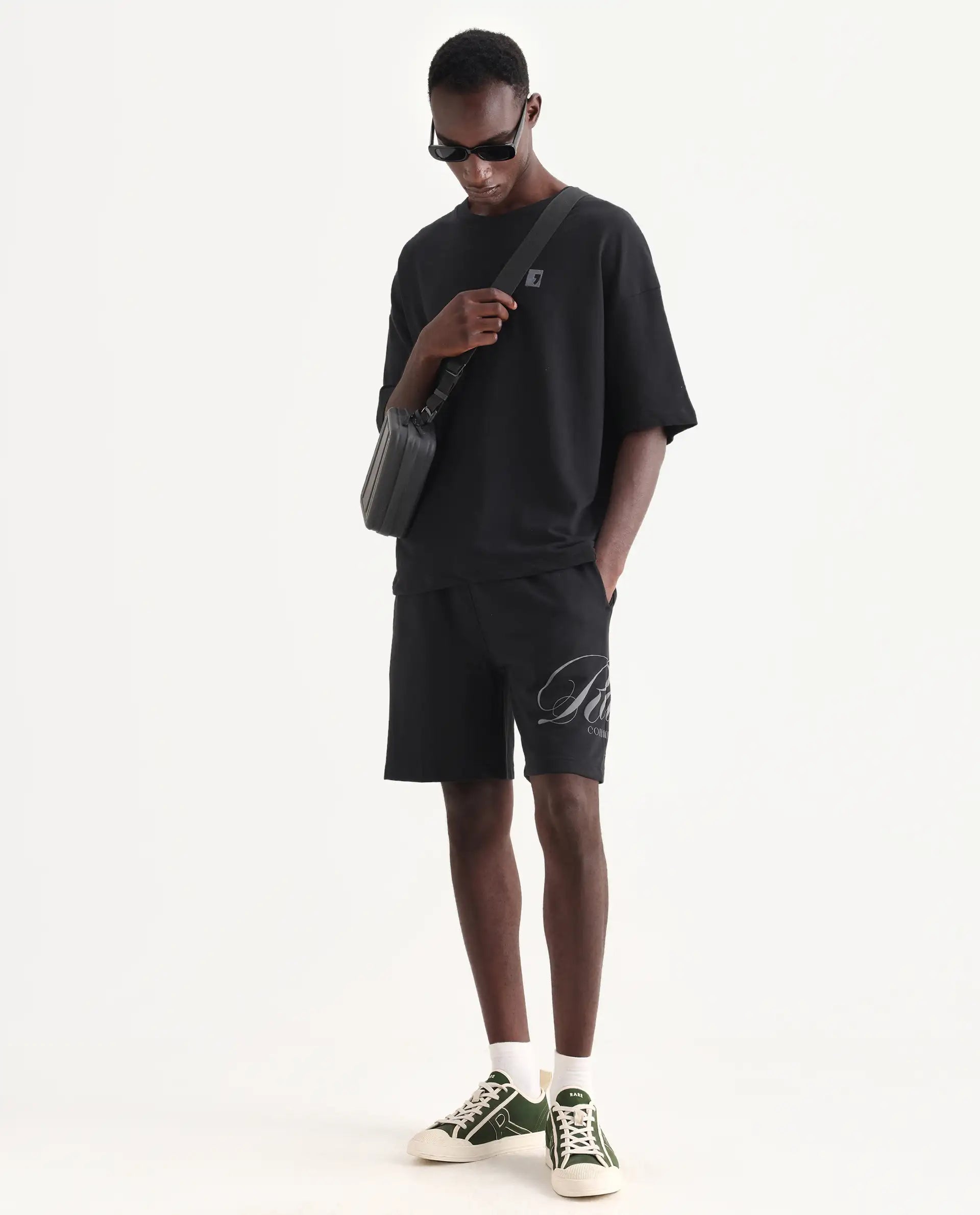 Rare Rabbit Men's Ranot Black Cotton Graphic Print Oversized Fit Shorts