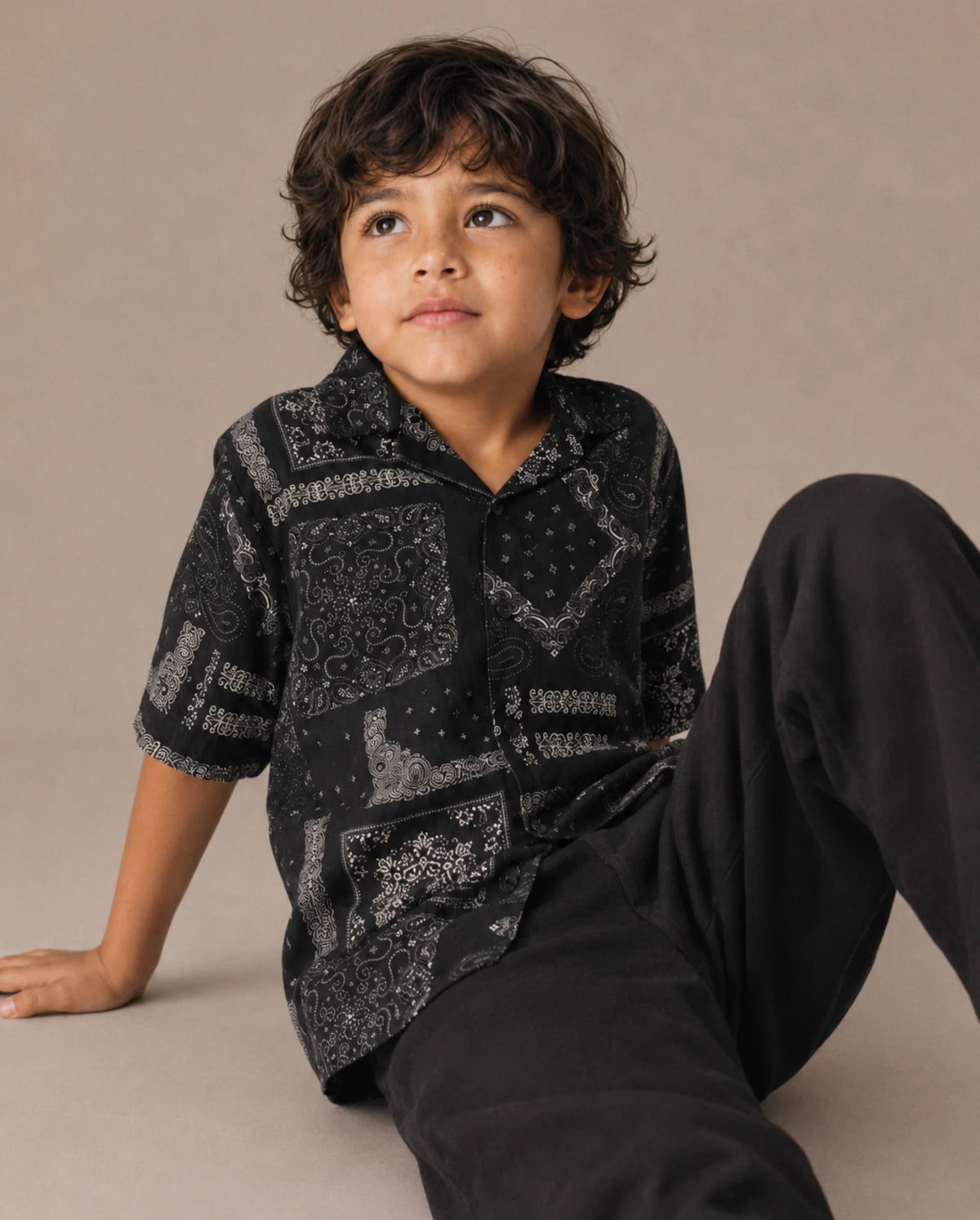 Rare Ones Kids Band-S Black Viscose Blend Fabric Button Closure Regular Fit Shirt