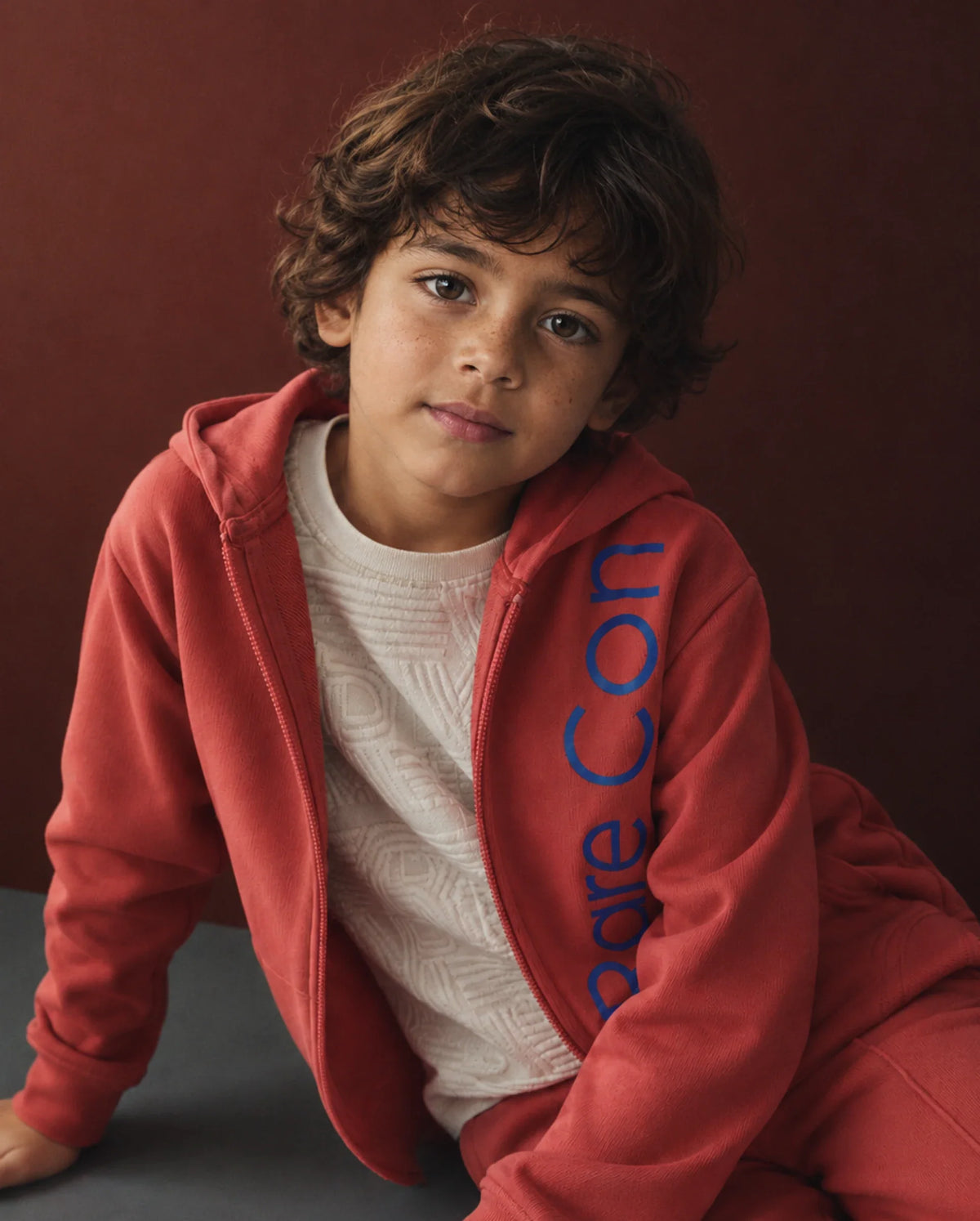 Rare Ones Kids Dolci Red Cotton Blend Fabric Hooded Zipper Closure Regular Typography Print Sweatshirt
