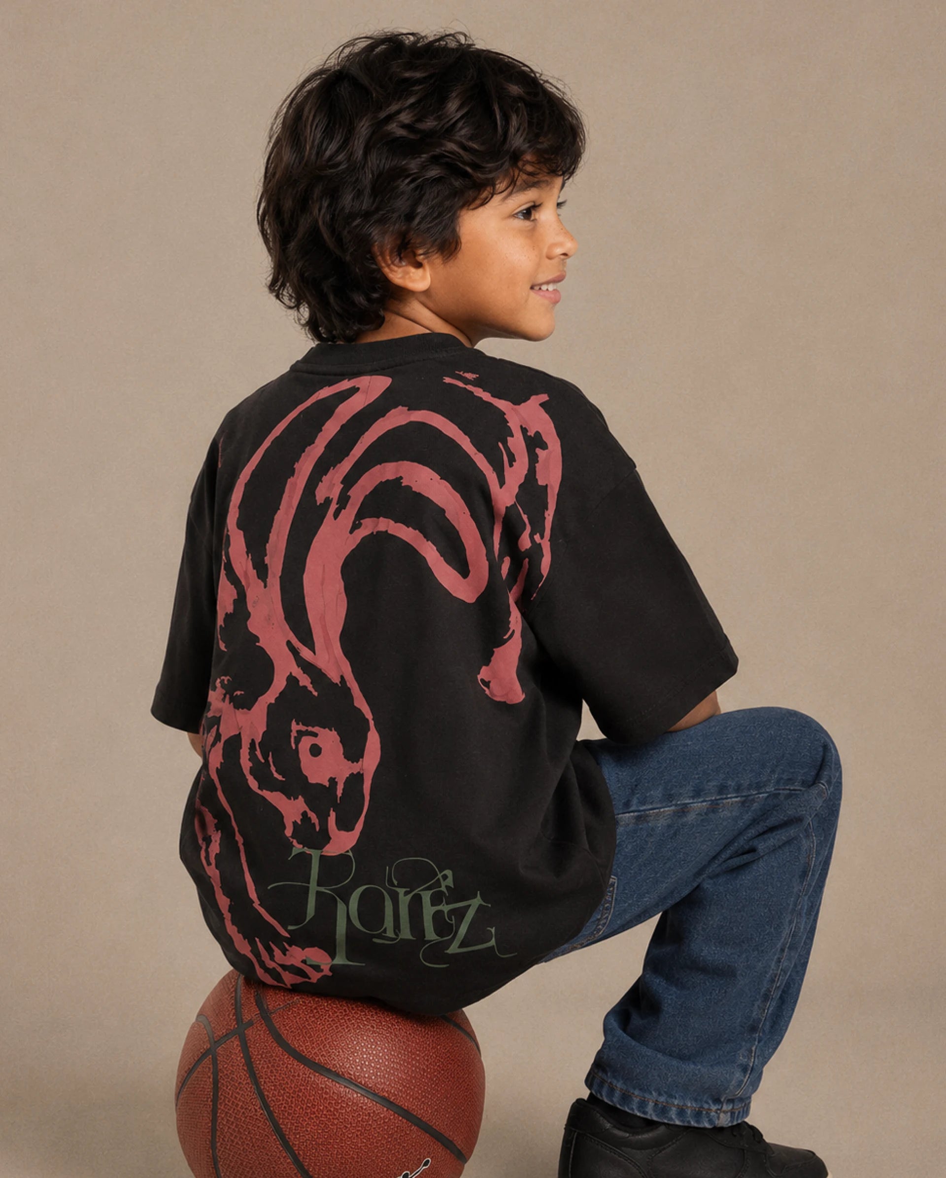 Rare Ones Kids Pete26-K Black Cotton Blend Fabric Pull-On Oversized Fit Graphic Print T-Shirt