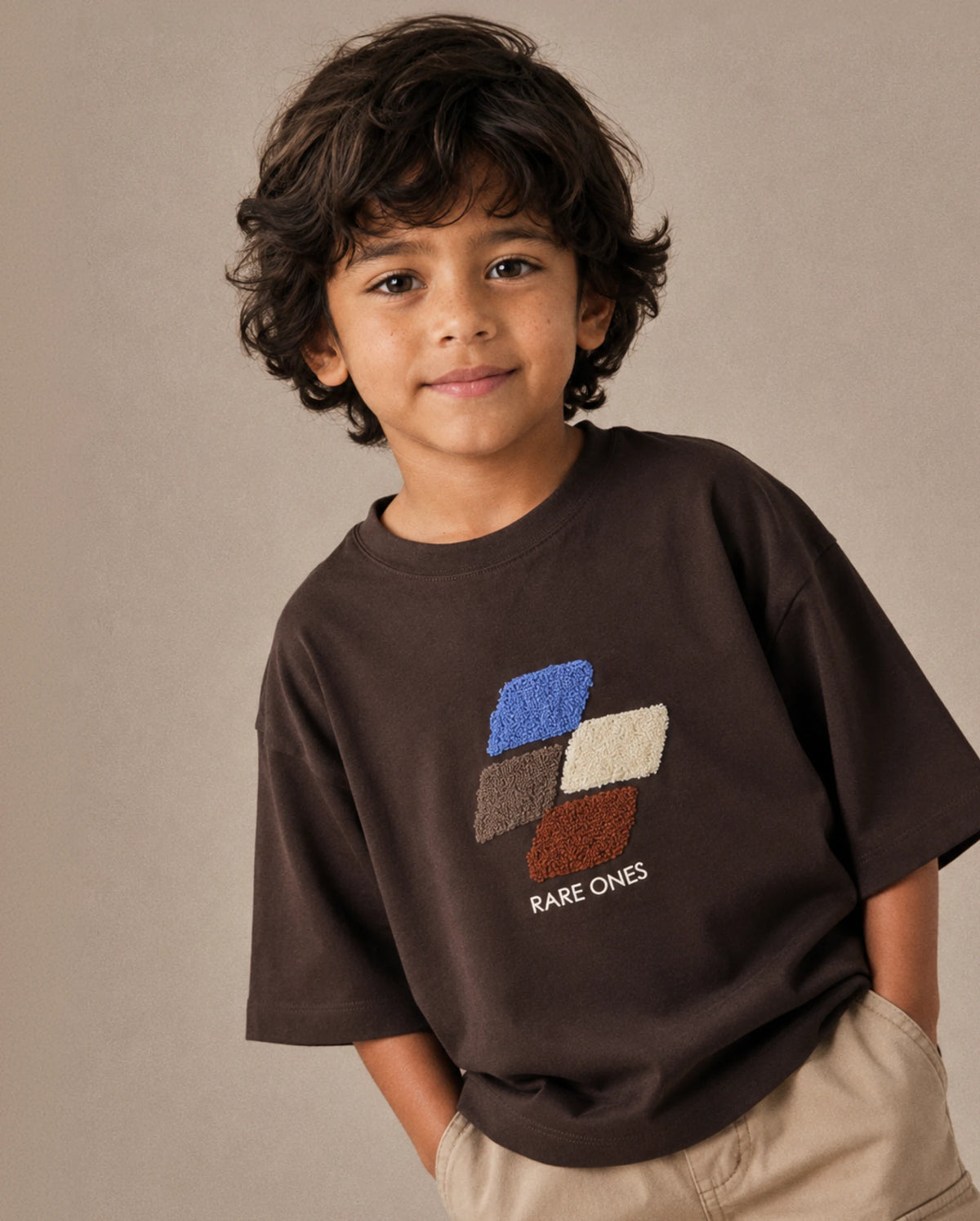 Rare Ones Kids Ted Dark Brown Cotton Fabric Pull-On Oversized Fit Embroidered T-Shirt