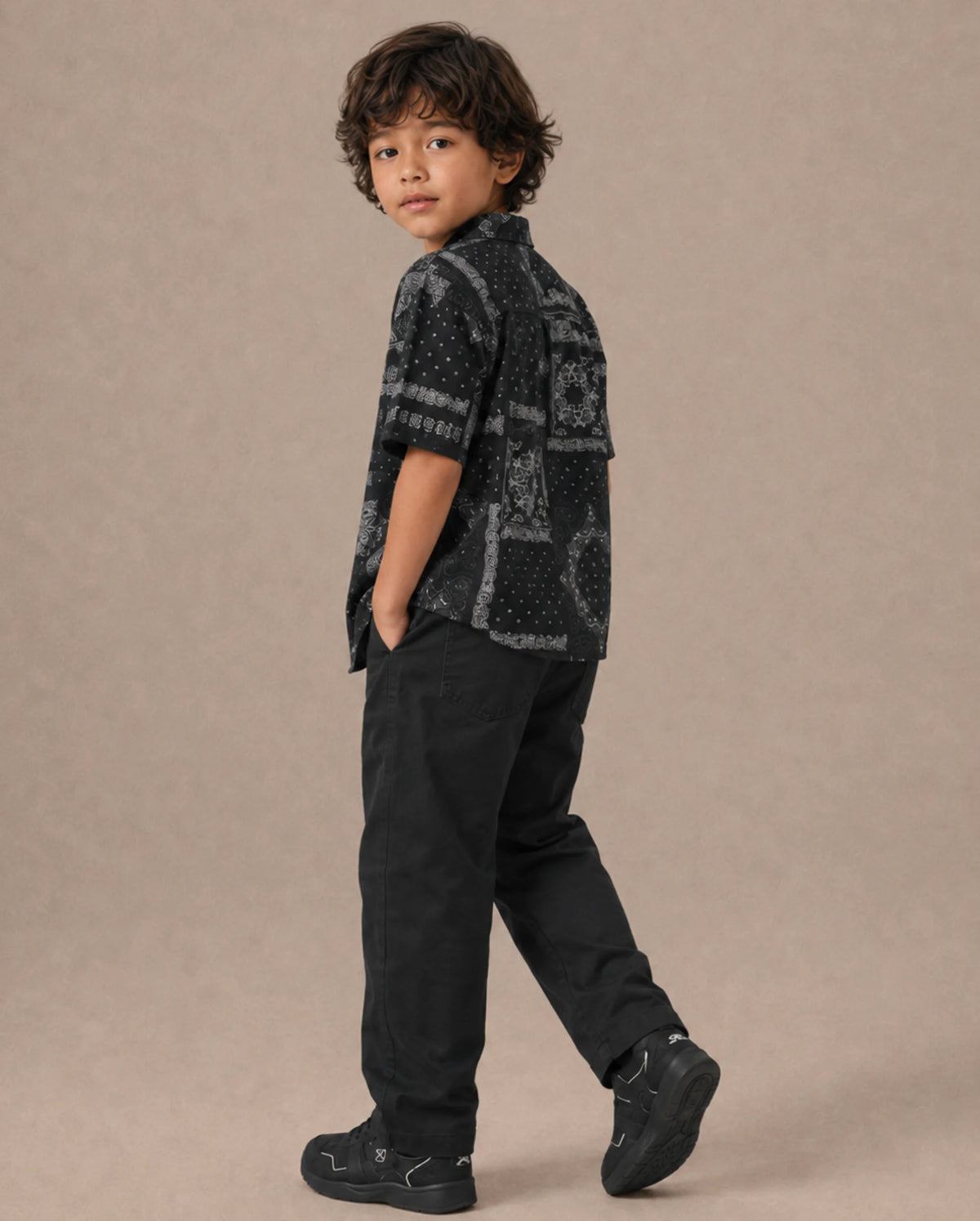Rare Ones Kids Garet-B Black Cotton Blend Fabric Drawstring Closure Parachute Fit Plain Trouser