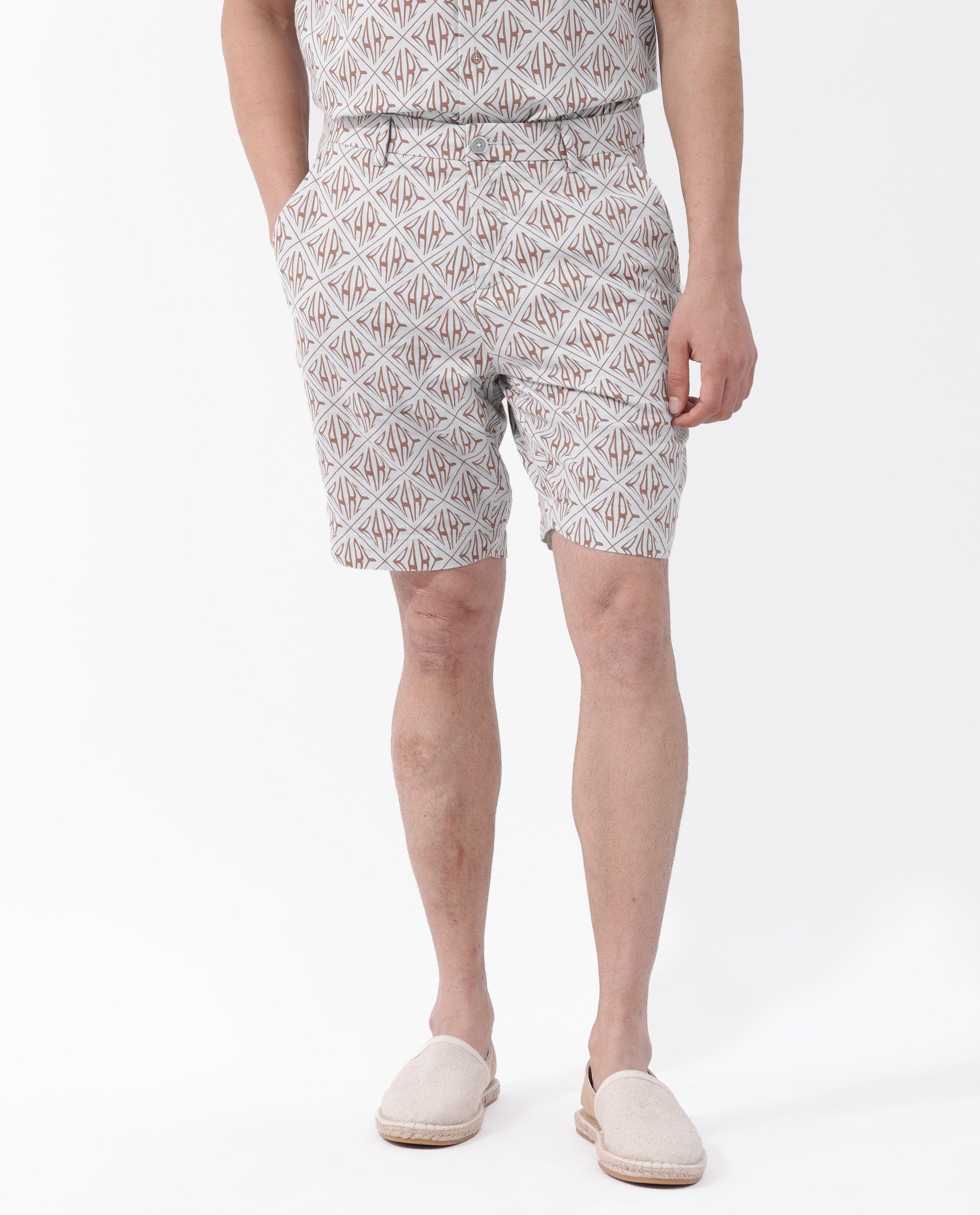 Rare Rabbit Mens Raron Pastel Blue Double Layer Cotton Monogram Print Shorts