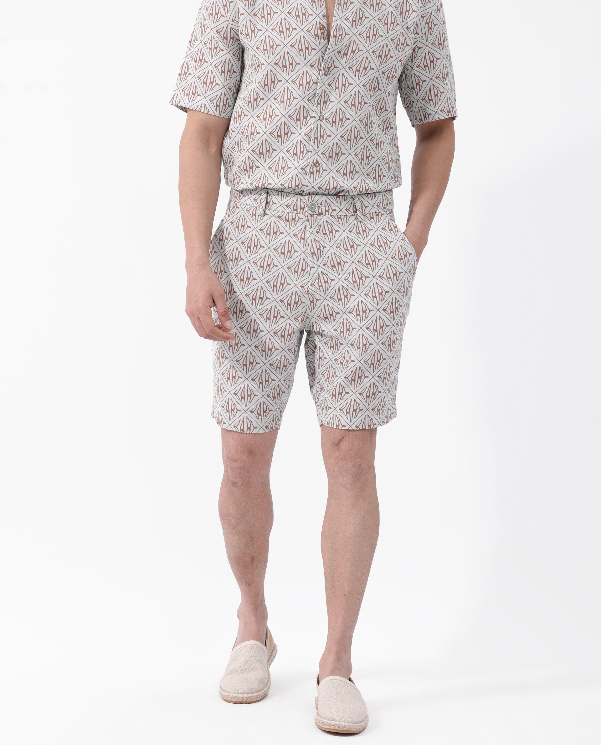 Rare Rabbit Mens Raron Pastel Blue Double Layer Cotton Monogram Print Shorts