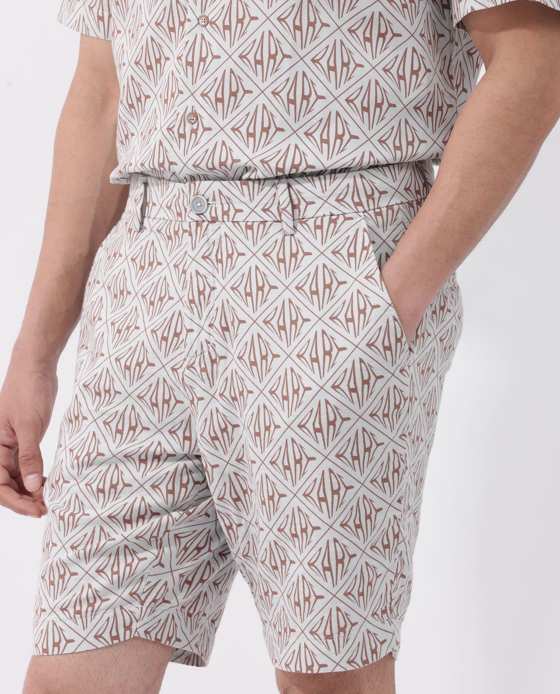 Rare Rabbit Mens Raron Pastel Blue Double Layer Cotton Monogram Print Shorts