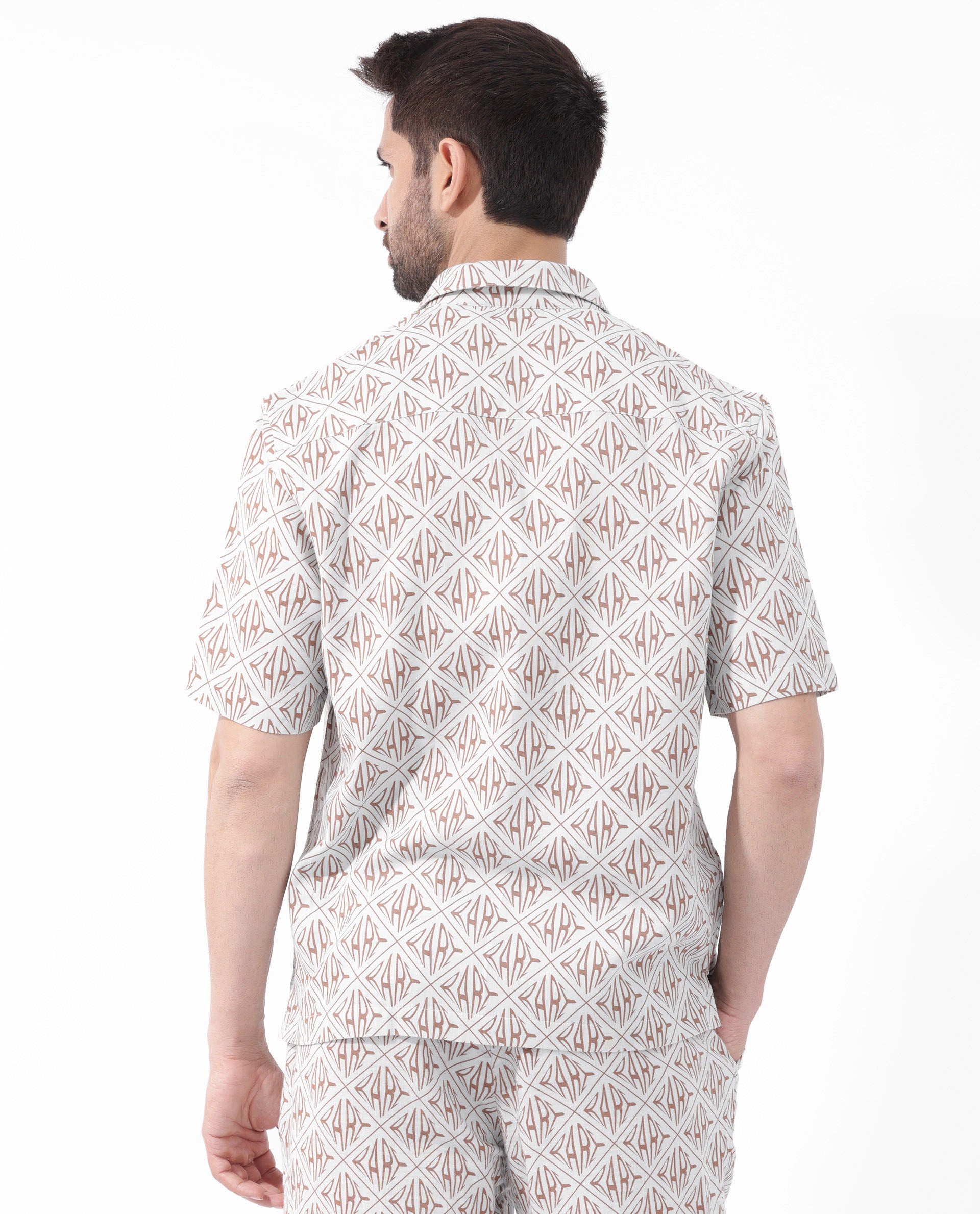 Rare Rabbit Mens Rarum Pastel Blue Cotton Fabric Blend Short Sleeve Boxy Fit Monogram Print Shirt