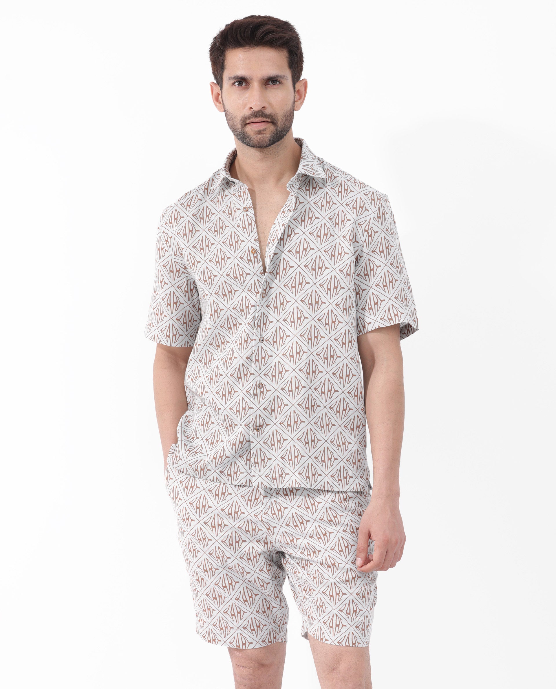 Rare Rabbit Mens Rarum Pastel Blue Cotton Fabric Blend Short Sleeve Boxy Fit Monogram Print Shirt