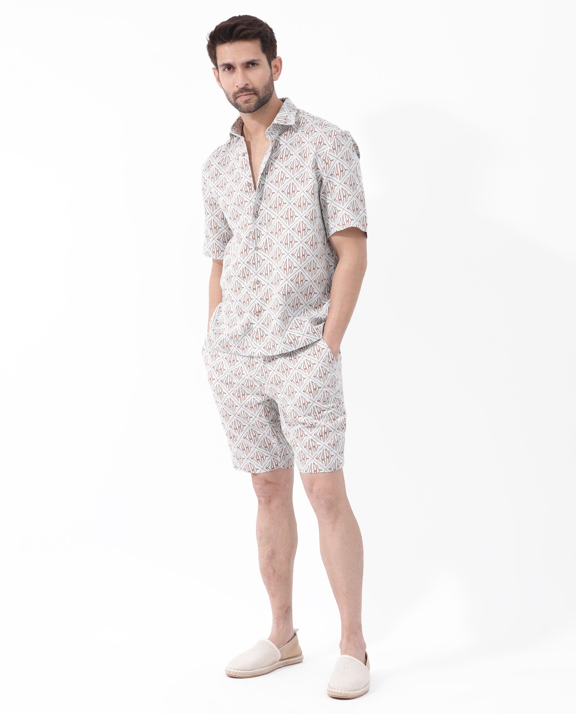 Rare Rabbit Mens Rarum Pastel Blue Cotton Fabric Blend Short Sleeve Boxy Fit Monogram Print Shirt