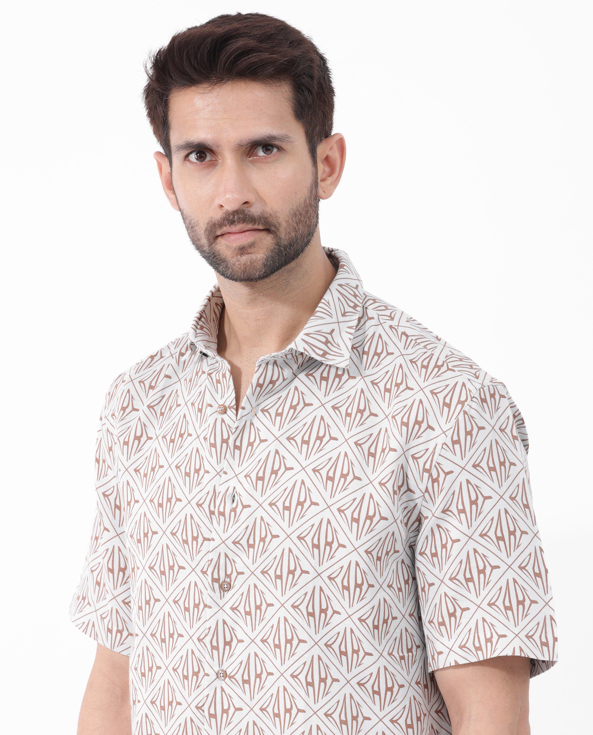 Rare Rabbit Mens Rarum Pastel Blue Cotton Fabric Blend Short Sleeve Boxy Fit Monogram Print Shirt