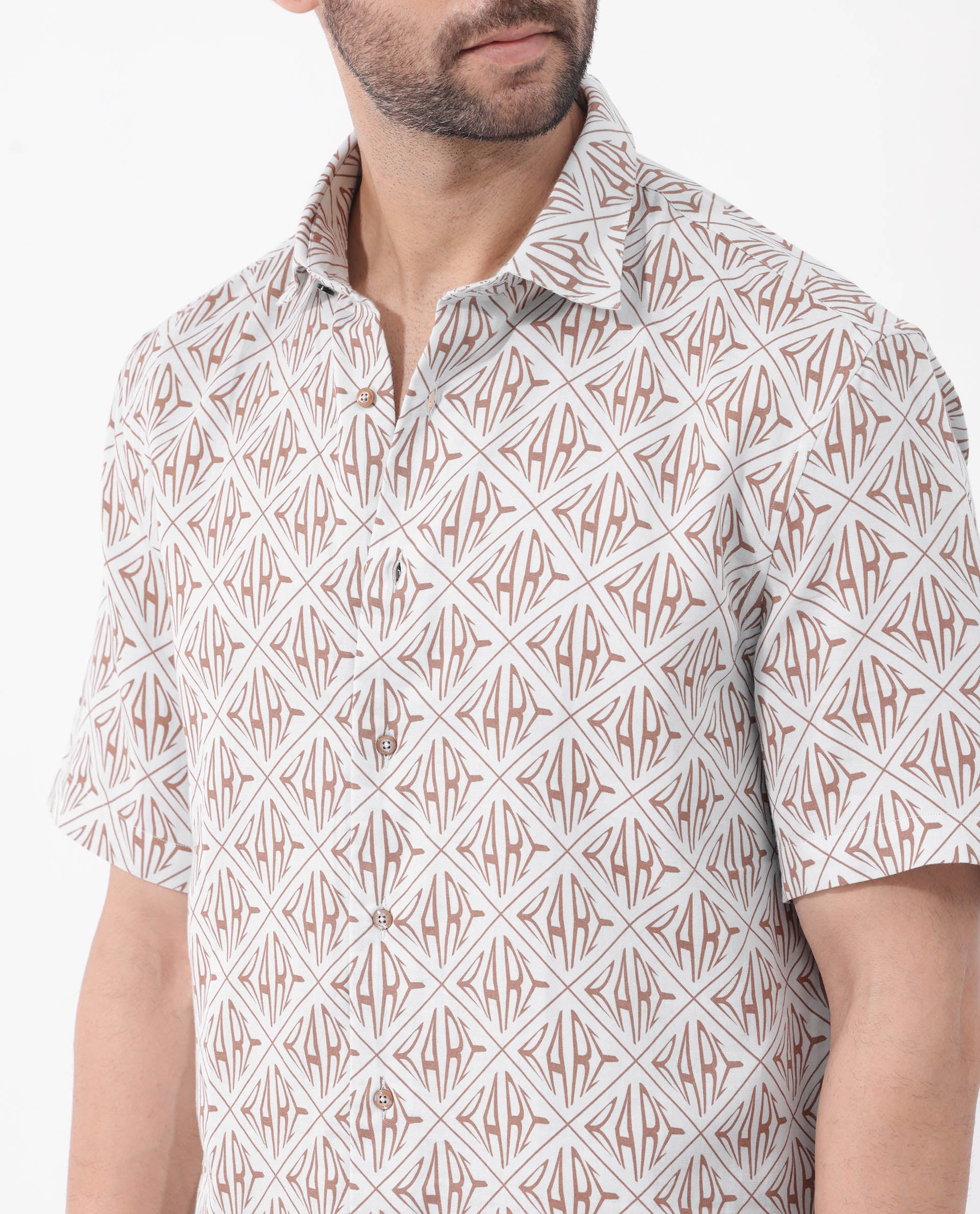 Rare Rabbit Mens Rarum Pastel Blue Cotton Fabric Blend Short Sleeve Boxy Fit Monogram Print Shirt