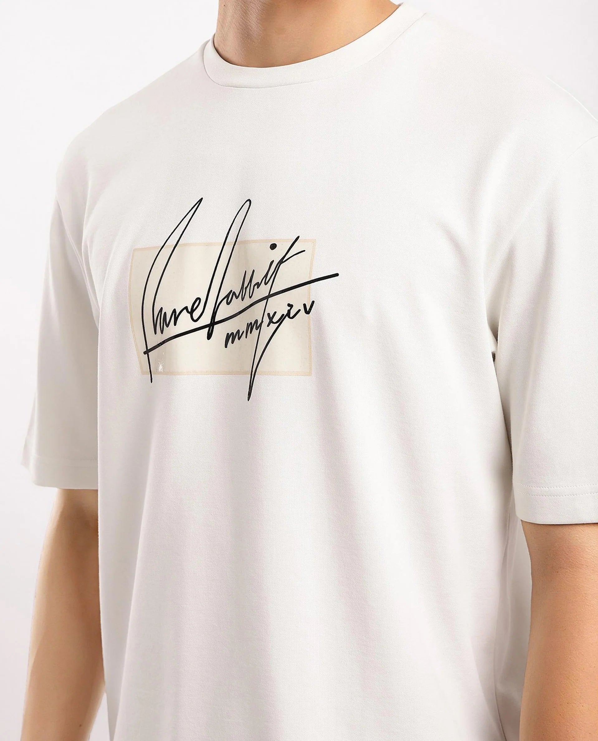 Rare Rabbit Men Raydo Off White Cotton Polyester Fabric Short Sleeve Crew Neck Boxy Fit Graphic Print T-Shirt