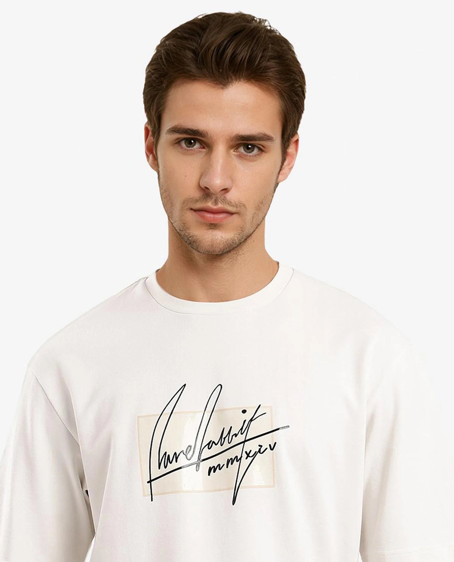 Rare Rabbit Men Raydo Off White Cotton Polyester Fabric Short Sleeve Crew Neck Boxy Fit Graphic Print T-Shirt