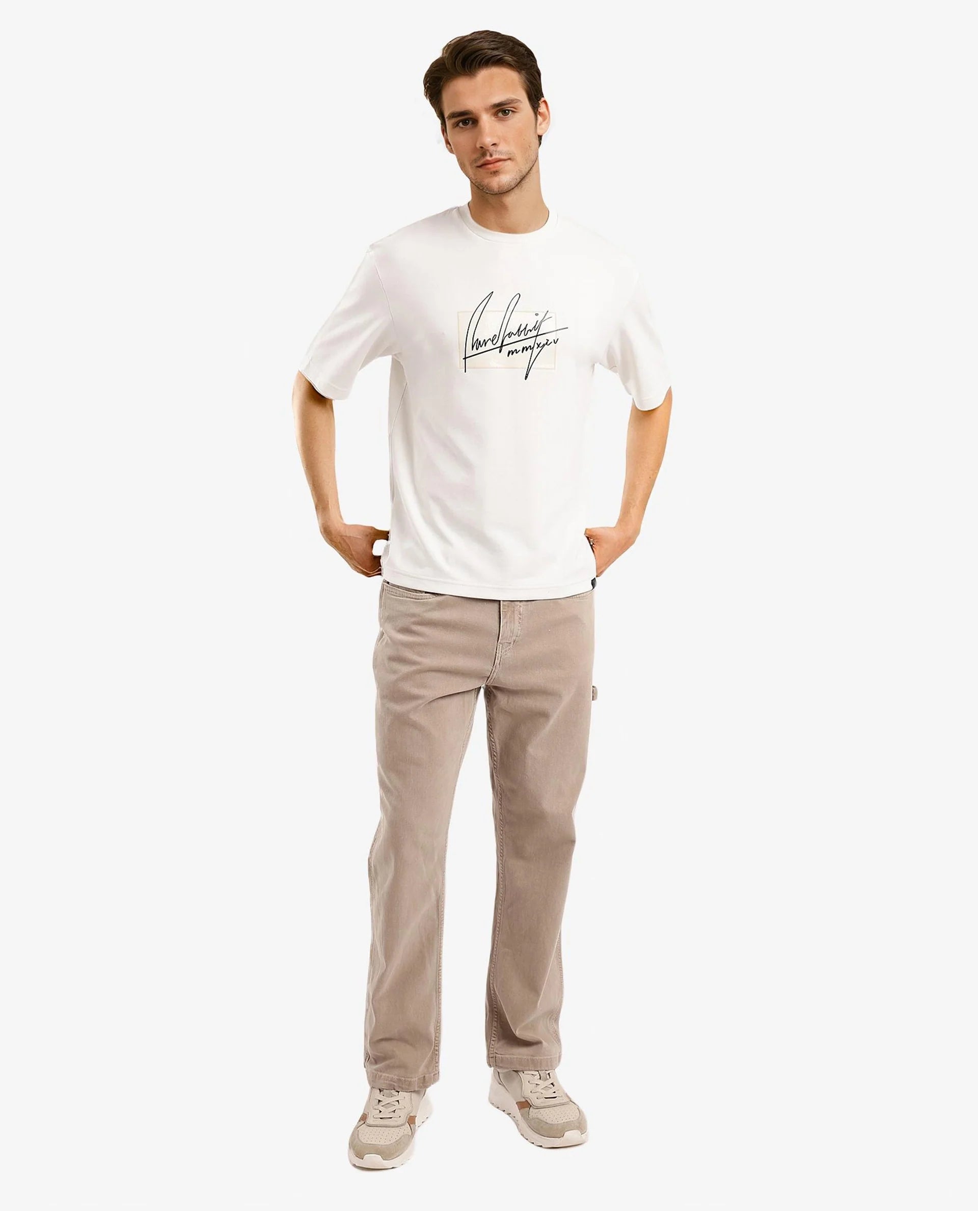 Rare Rabbit Men Raydo Off White Cotton Polyester Fabric Short Sleeve Crew Neck Boxy Fit Graphic Print T-Shirt