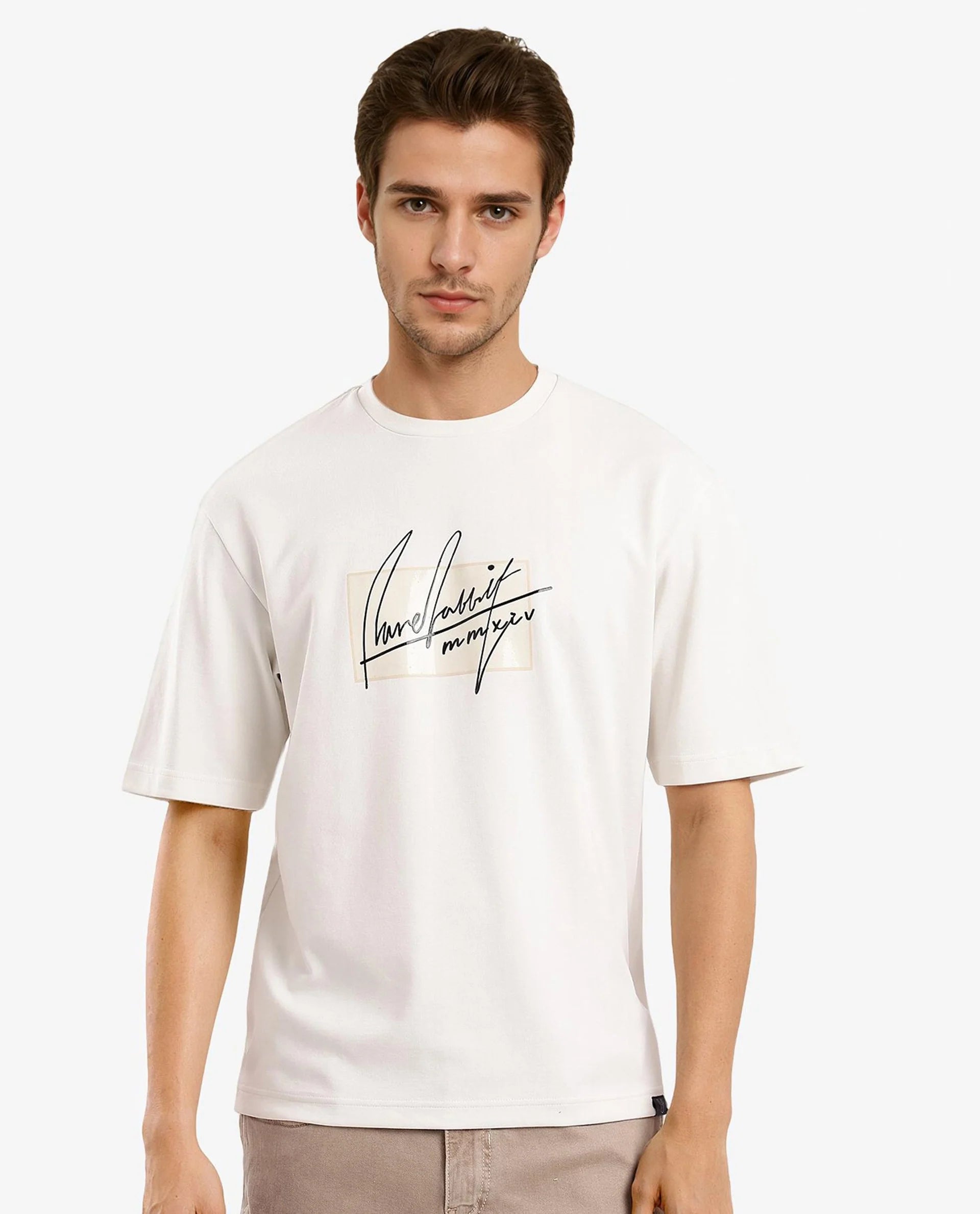 Rare Rabbit Men Raydo Off White Cotton Polyester Fabric Short Sleeve Crew Neck Boxy Fit Graphic Print T-Shirt