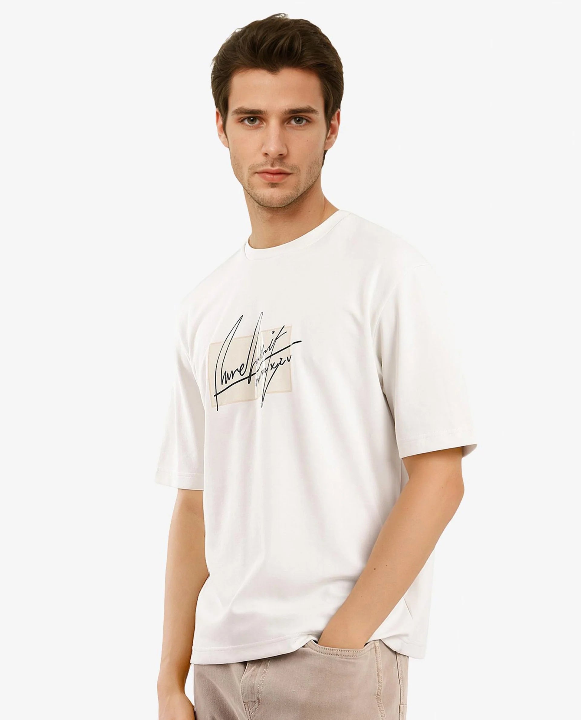 Rare Rabbit Men Raydo Off White Cotton Polyester Fabric Short Sleeve Crew Neck Boxy Fit Graphic Print T-Shirt