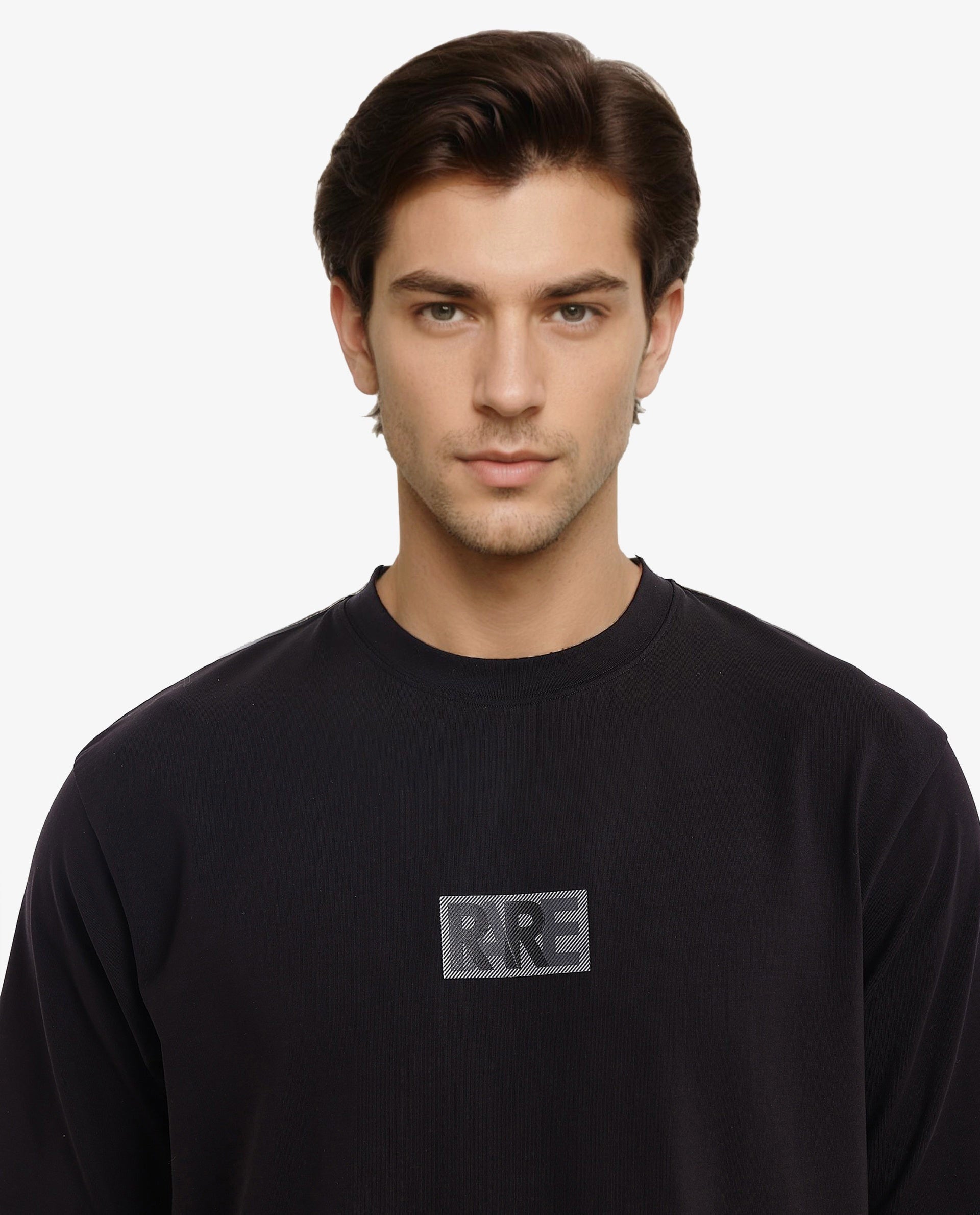 Rare Rabbit Men Reborn-T Black Cotton Fabric Short Sleeve Crew Neck Oversized Fit Graphic Print T-Shirt