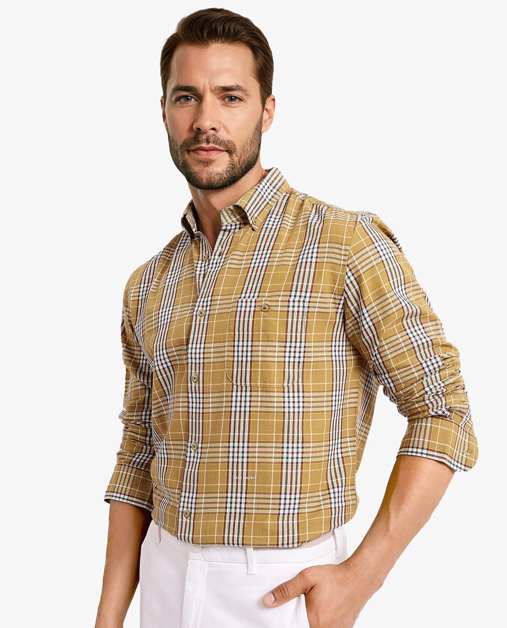 Rare Rabbit Men Reed Light Brown Full Sleeve Button Closure Twill Checks Shirt