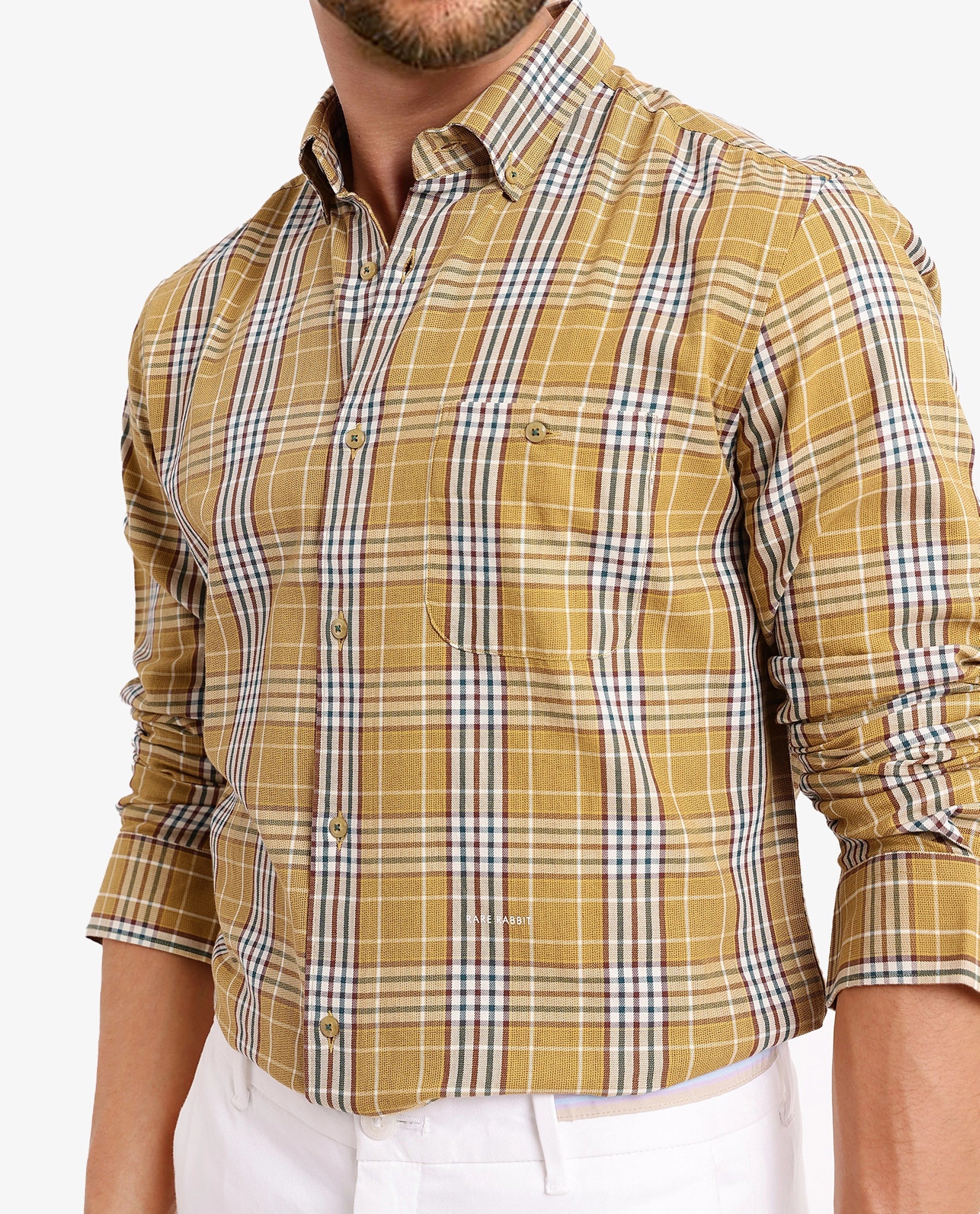 Rare Rabbit Men Reed Light Brown Full Sleeve Button Closure Twill Checks Shirt