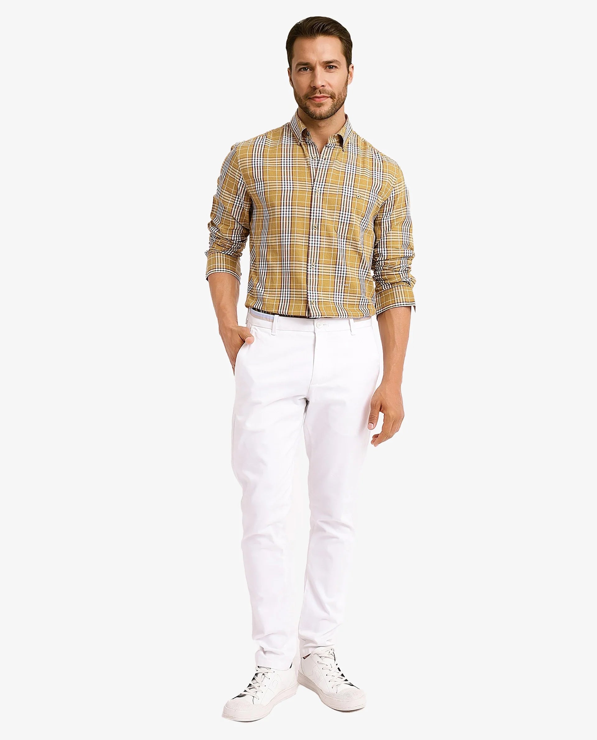 Rare Rabbit Men Reed Light Brown Full Sleeve Button Closure Twill Checks Shirt