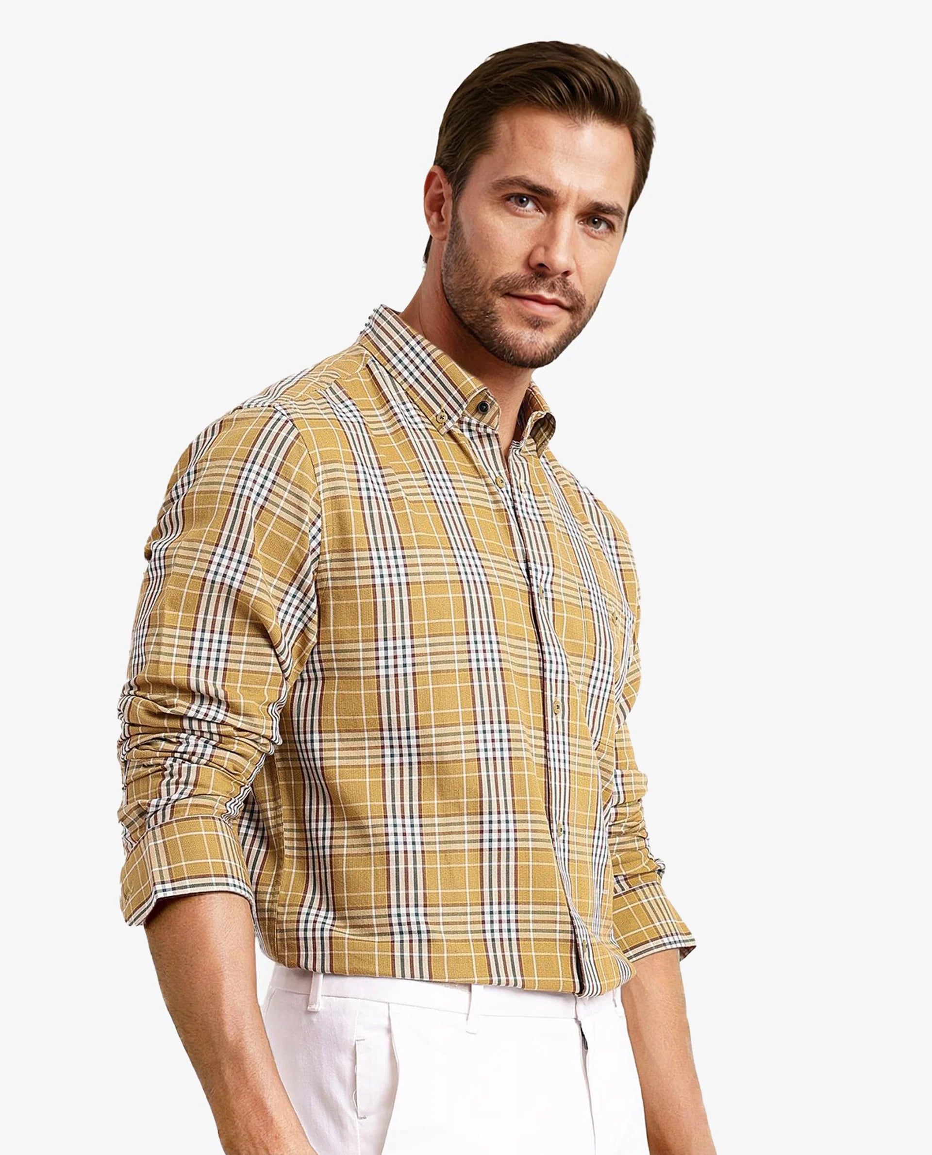 Rare Rabbit Men Reed Light Brown Full Sleeve Button Closure Twill Checks Shirt