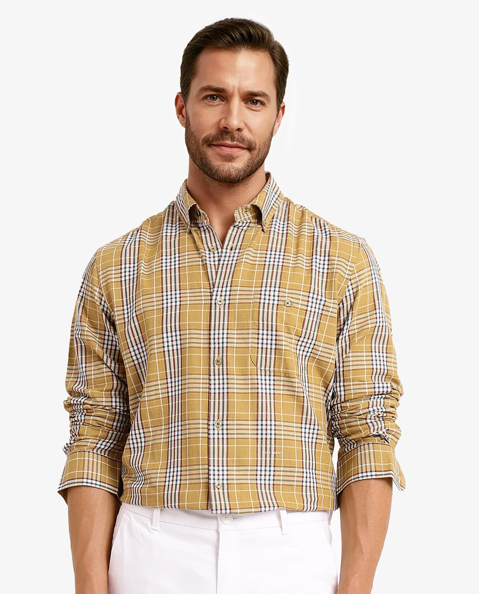 Rare Rabbit Men Reed Light Brown Full Sleeve Button Closure Twill Checks Shirt