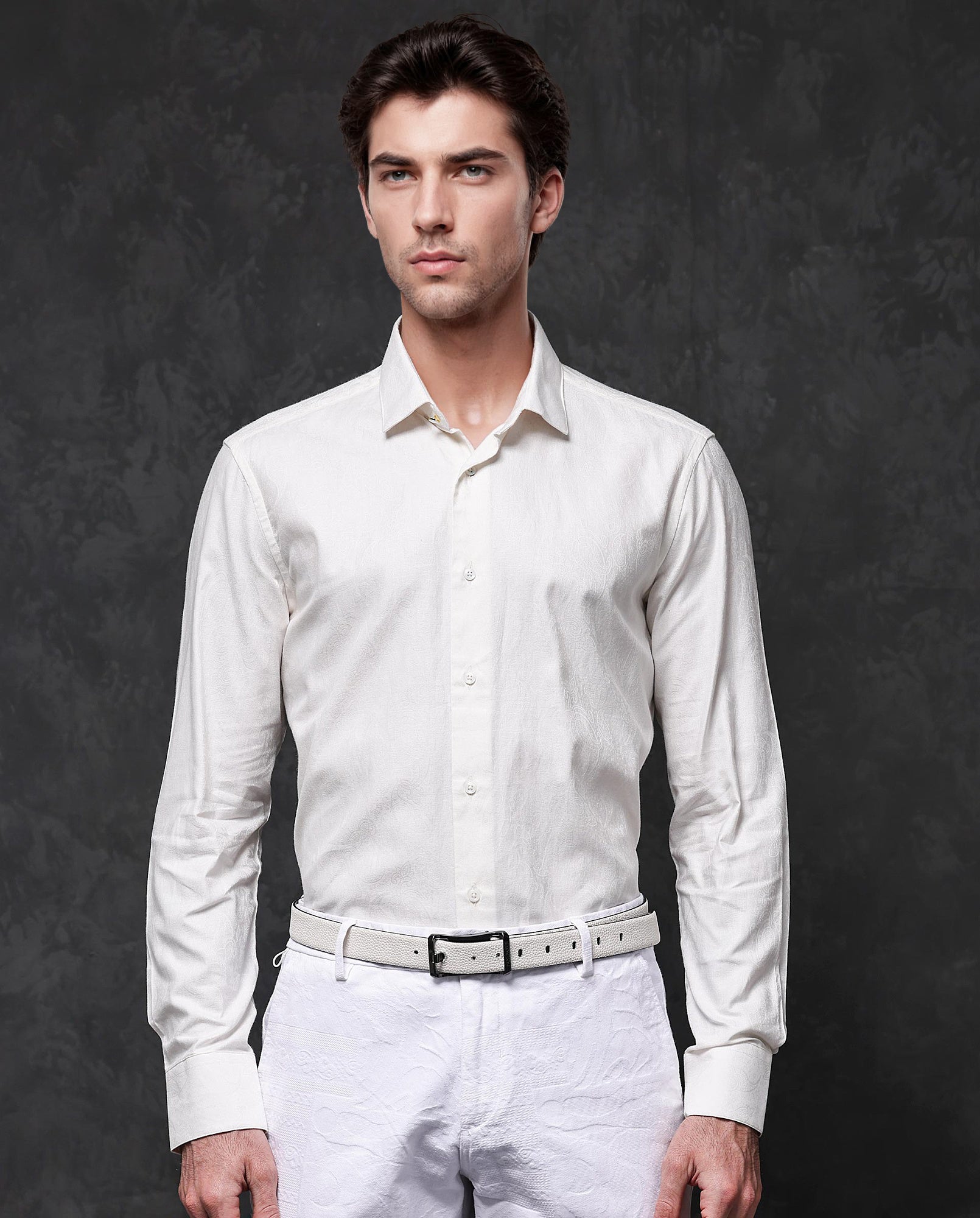 Rare Rabbit Mens Reel Off White Full Sleeve Jacquard Texture Paisley Print Shirt