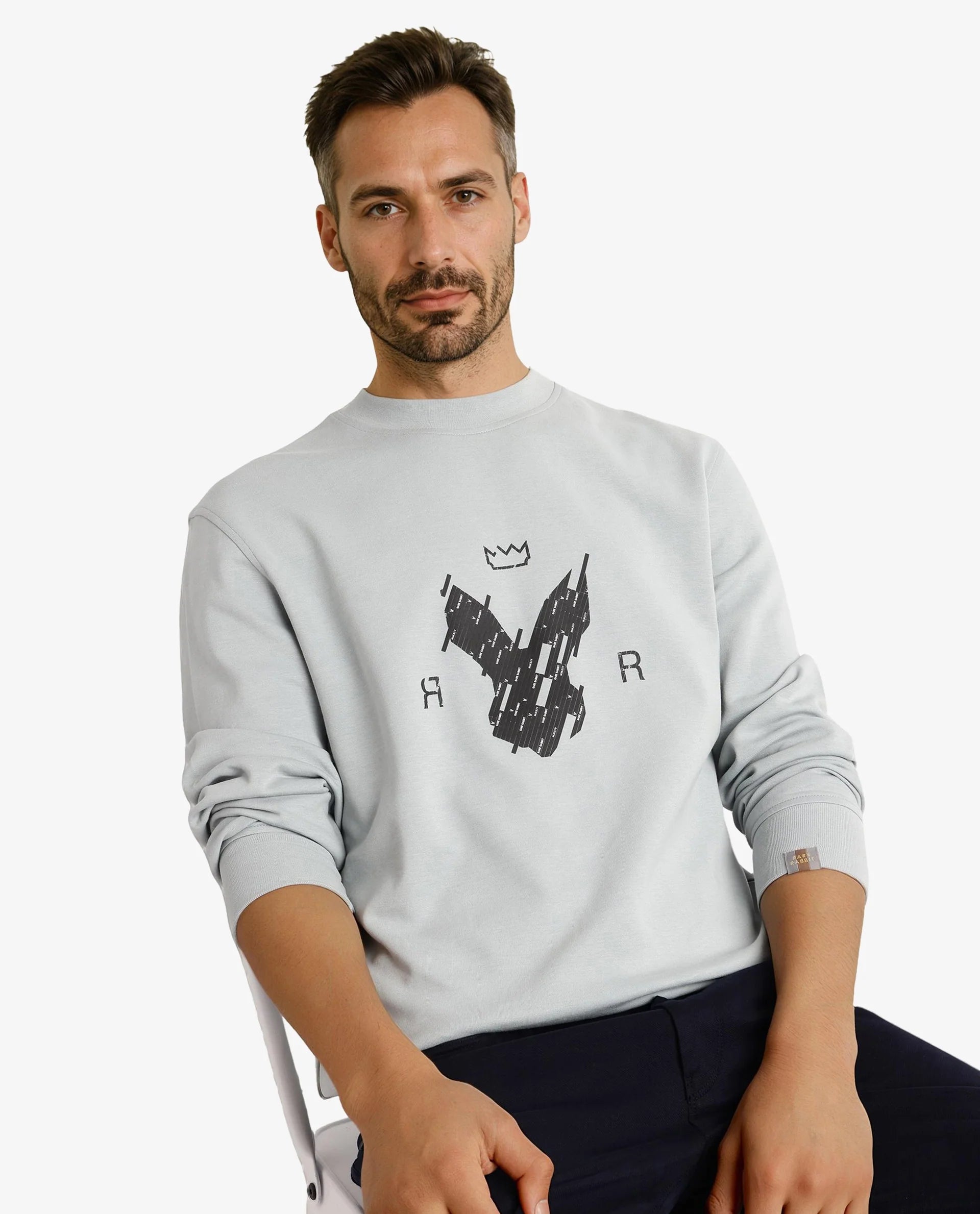 Rare Rabbit Men Ref Light Grey Cotton Full Sleeve Crew Neck Regular Fit HD Print Logo Sweatshirt