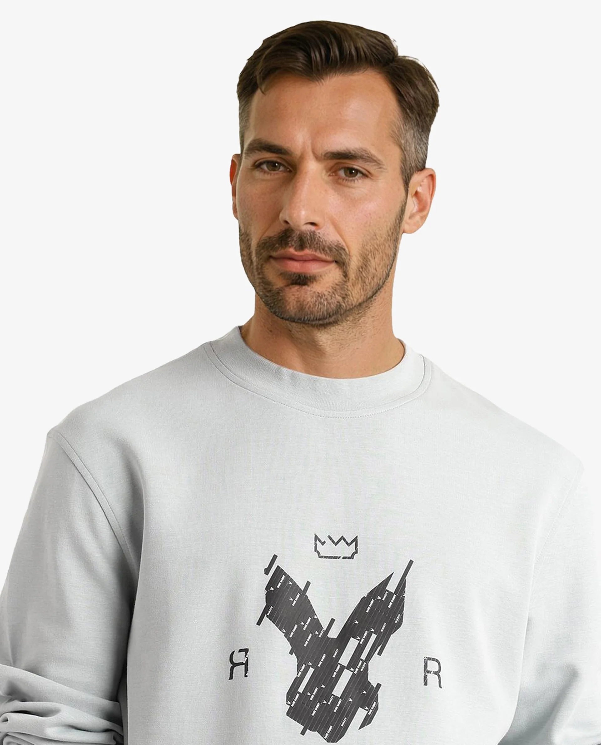 Rare Rabbit Men Ref Light Grey Cotton Full Sleeve Crew Neck Regular Fit HD Print Logo Sweatshirt