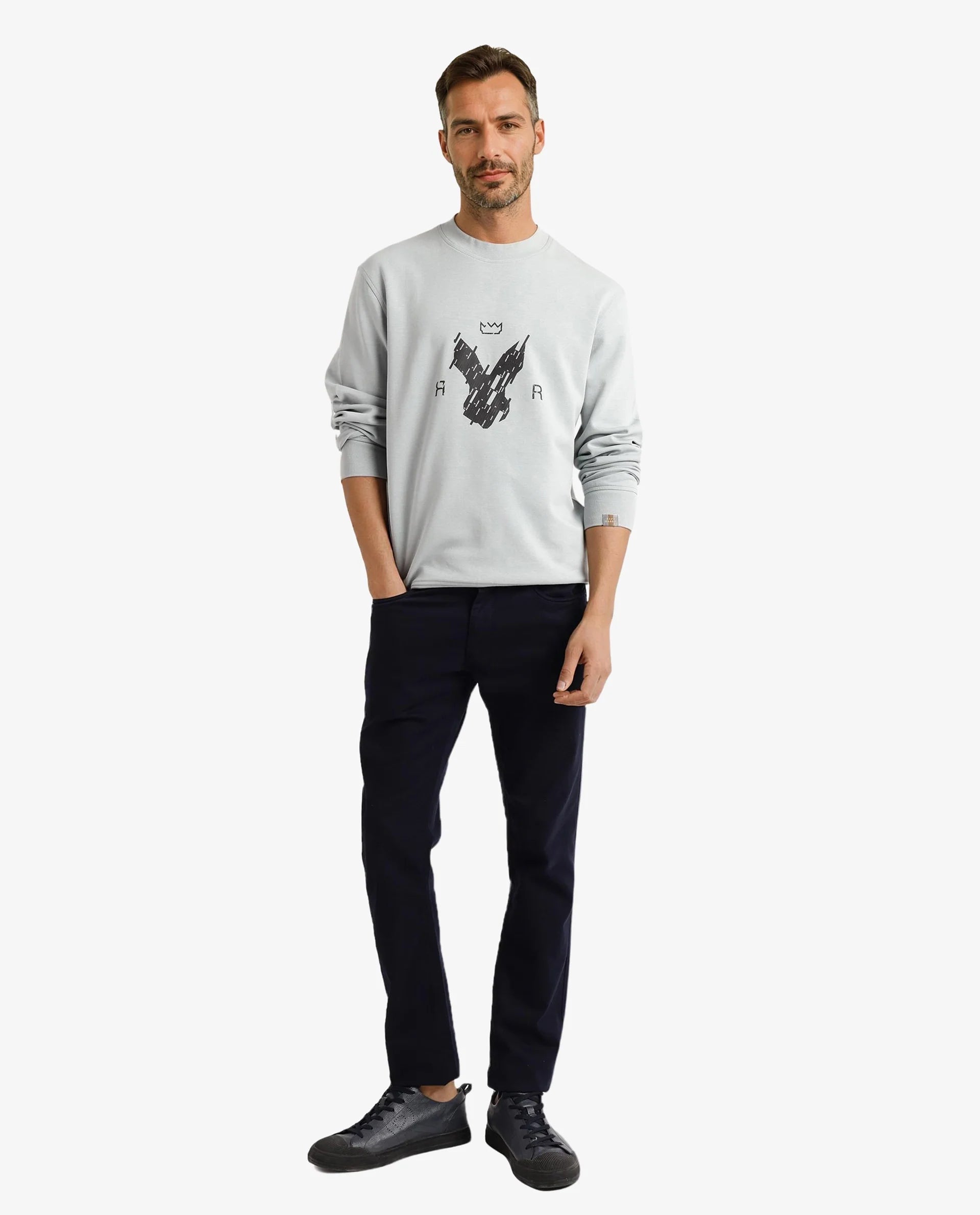 Rare Rabbit Men Ref Light Grey Cotton Full Sleeve Crew Neck Regular Fit HD Print Logo Sweatshirt