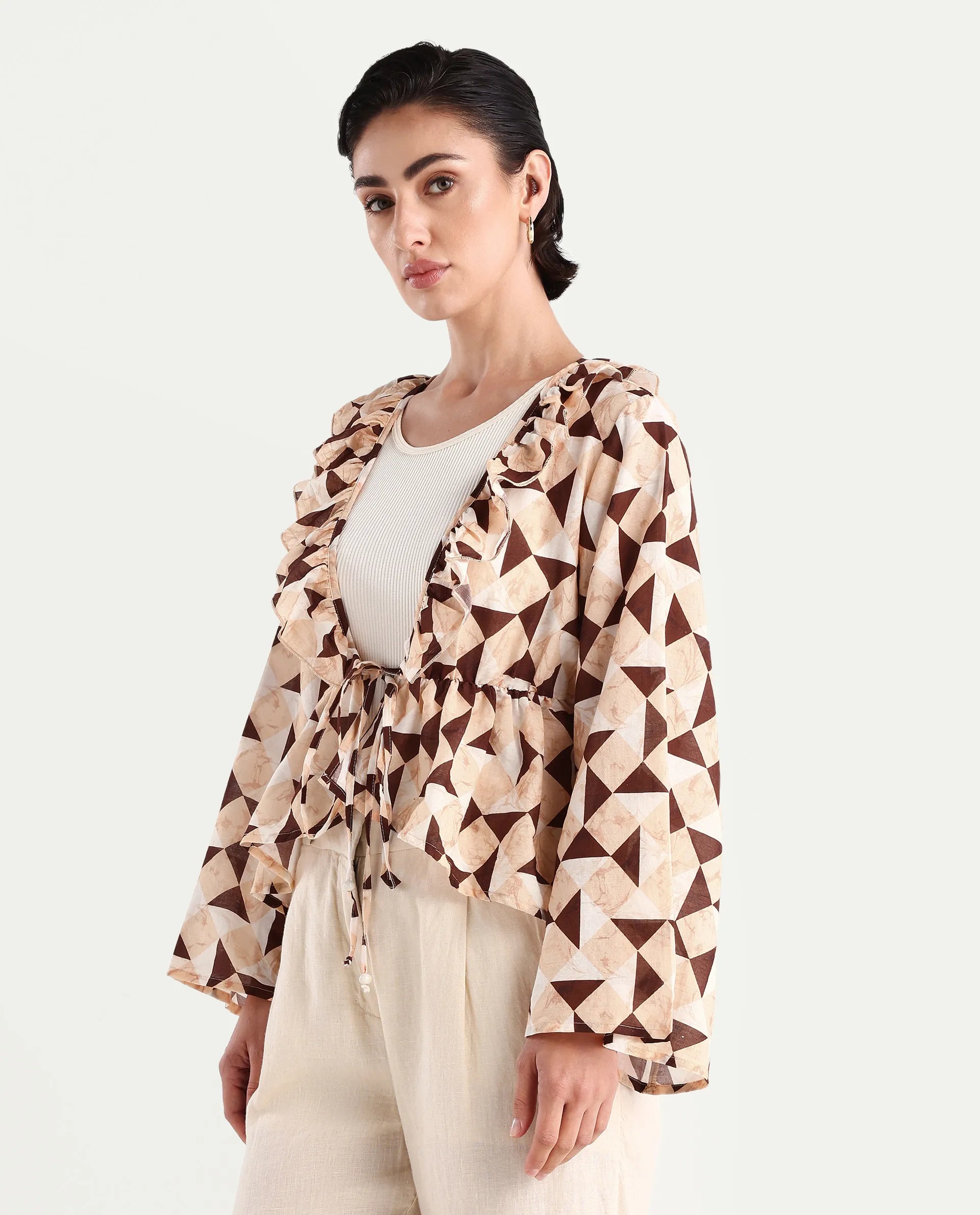 Rareism Women's Reggio Light Multi Cotton Blend Tie-Up Neck Geometric Print Bell Sleeve Regular Fit Top