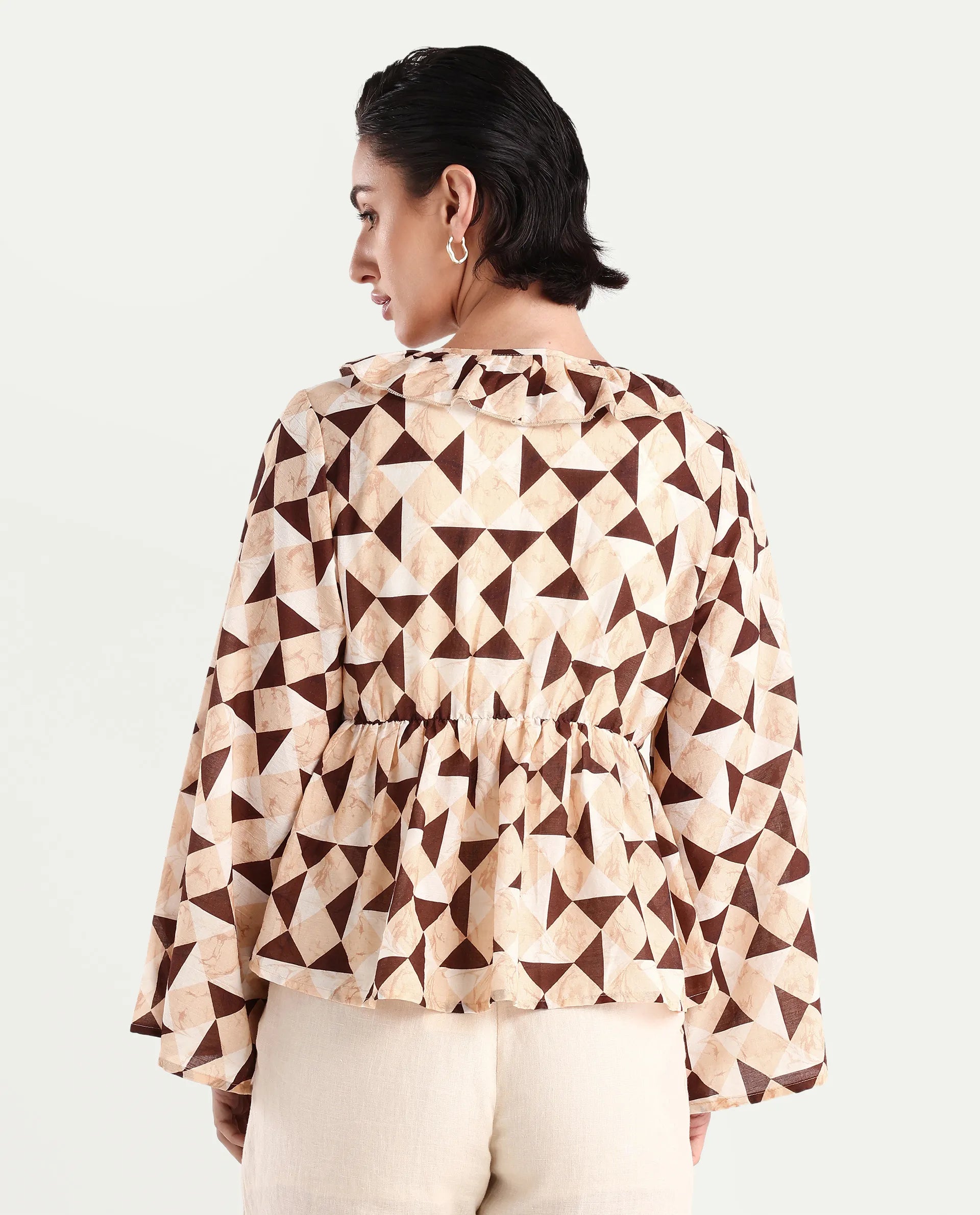 Rareism Women's Reggio Light Multi Cotton Blend Tie-Up Neck Geometric Print Bell Sleeve Regular Fit Top