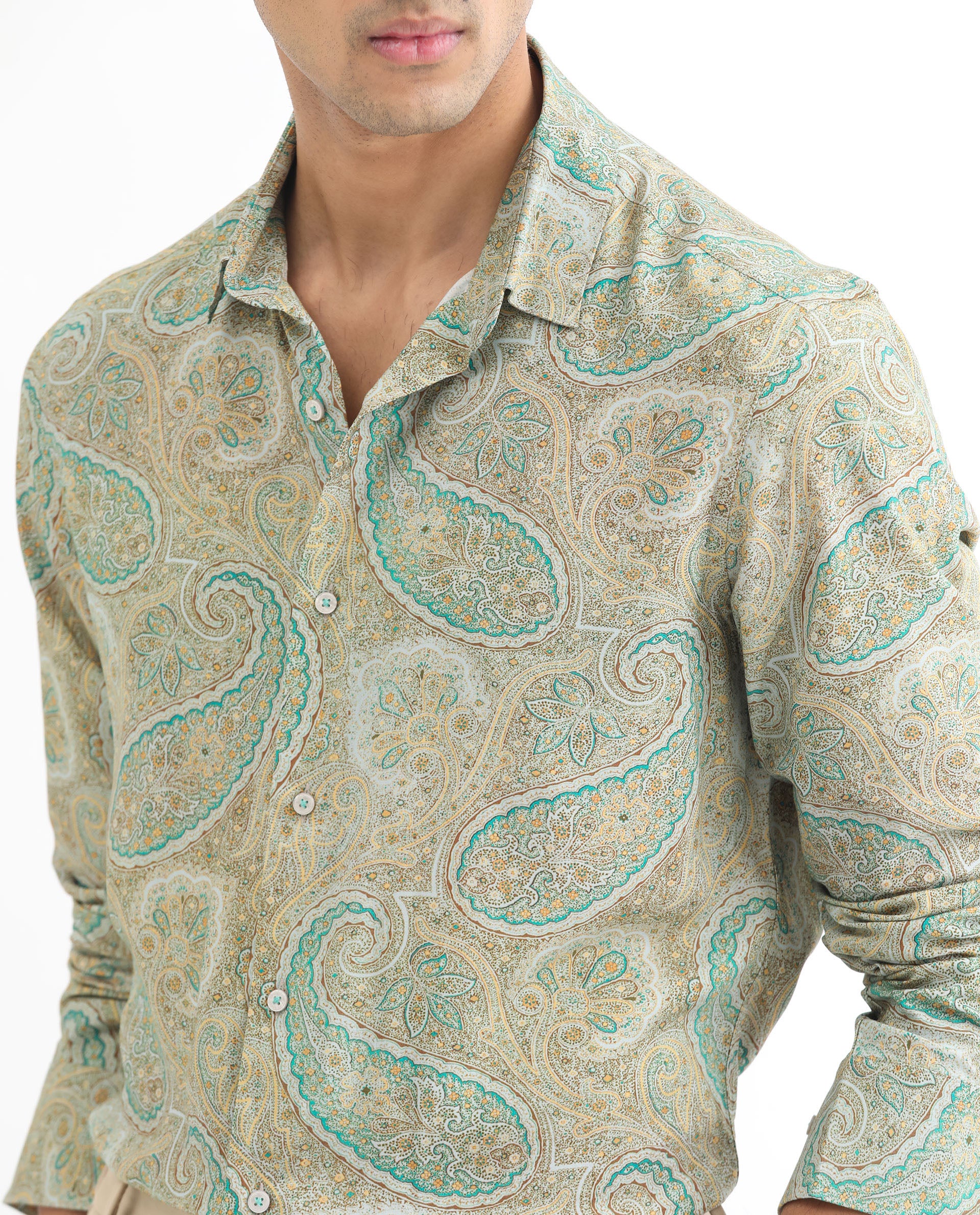 Rare Rabbit Men's Rego Pastel Green Paisley Print Full Sleeves Shirt