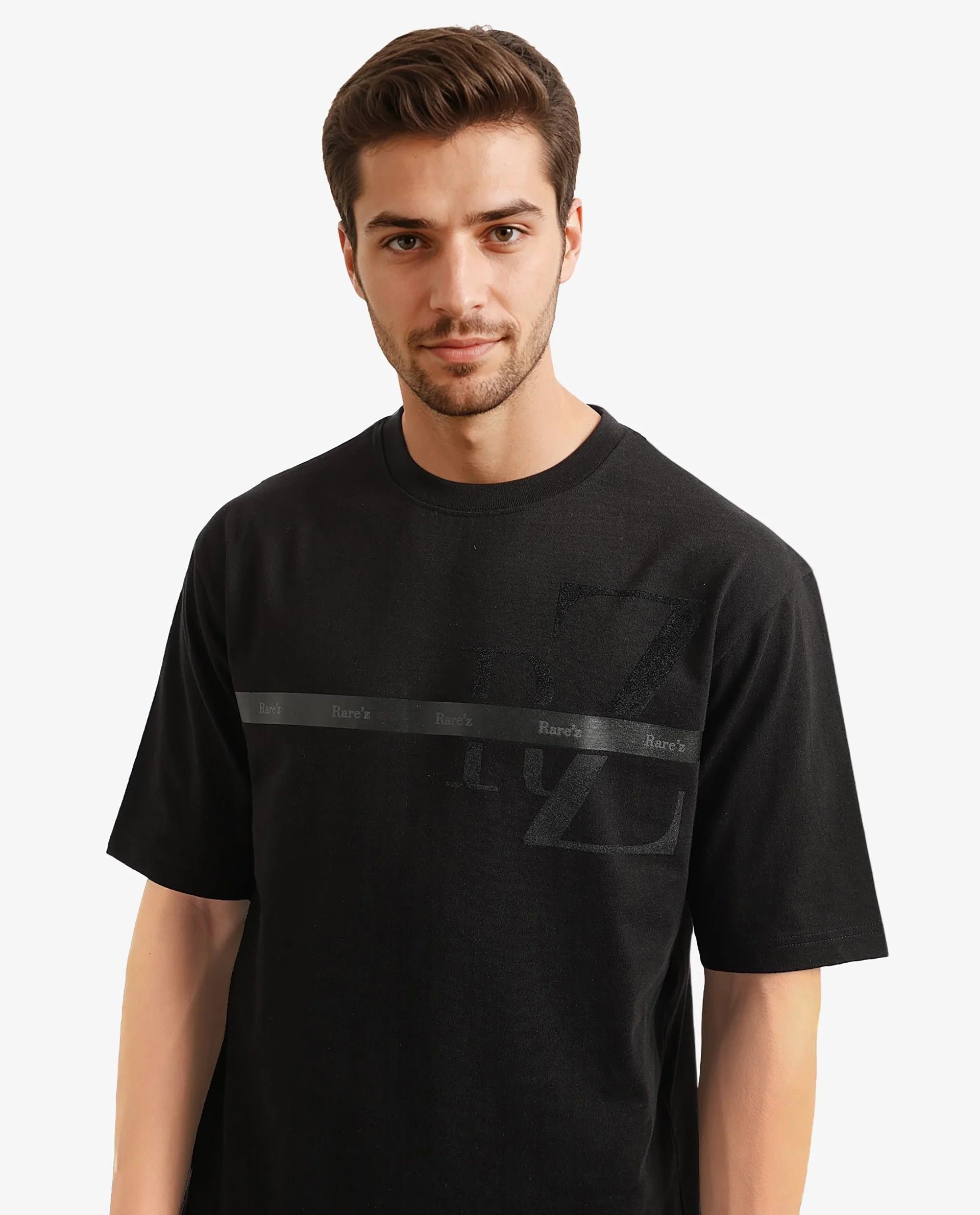 Rare Rabbit Men Reis Black Cotton Fabric Short Sleeve Crew Neck Oversized Fit Graphic Flock Print T-Shirt