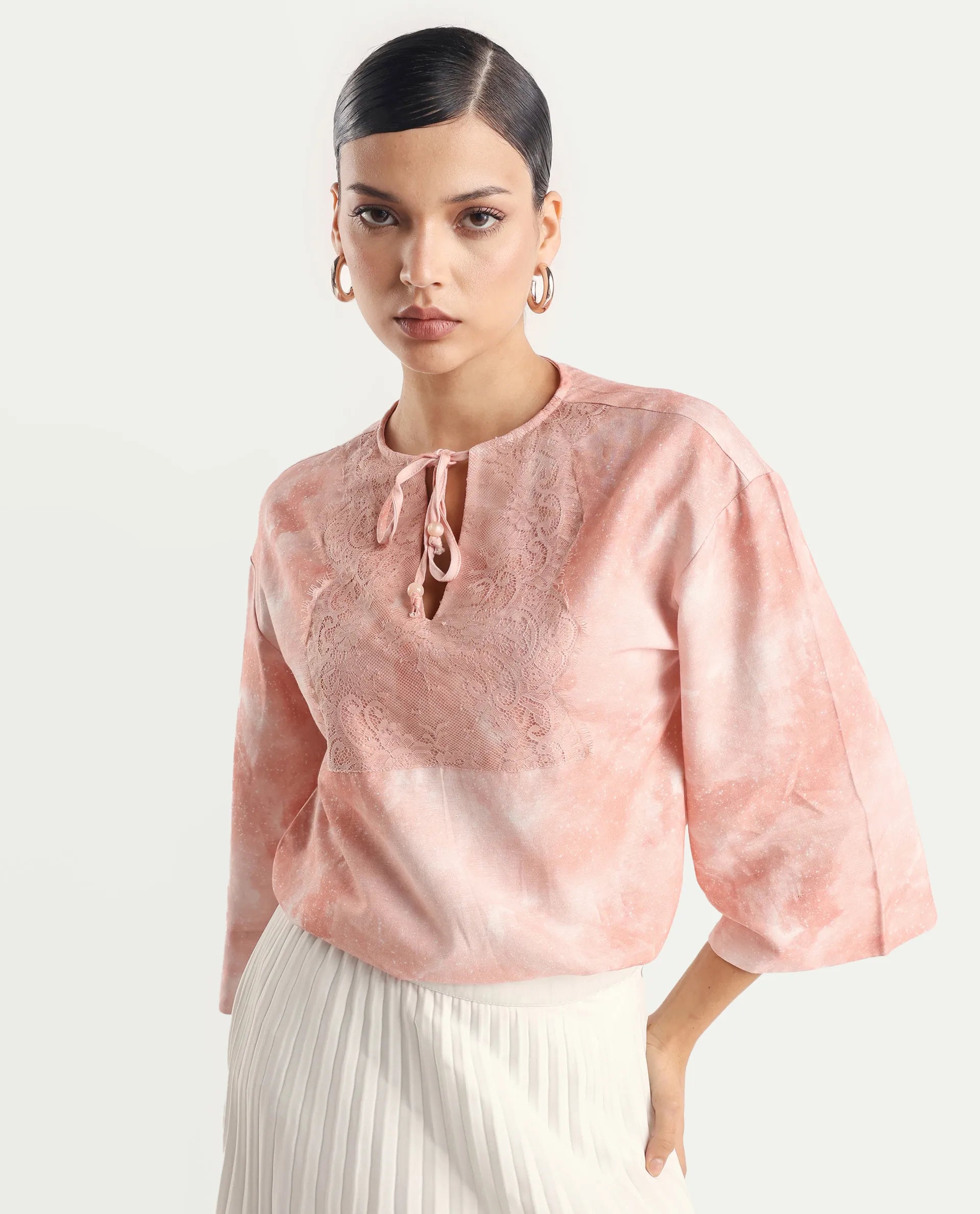 Rareism Women's Remis Dusky Pink Rayon Tie-Up Neck Abstract Print Bell Sleeve Regular Fit Top