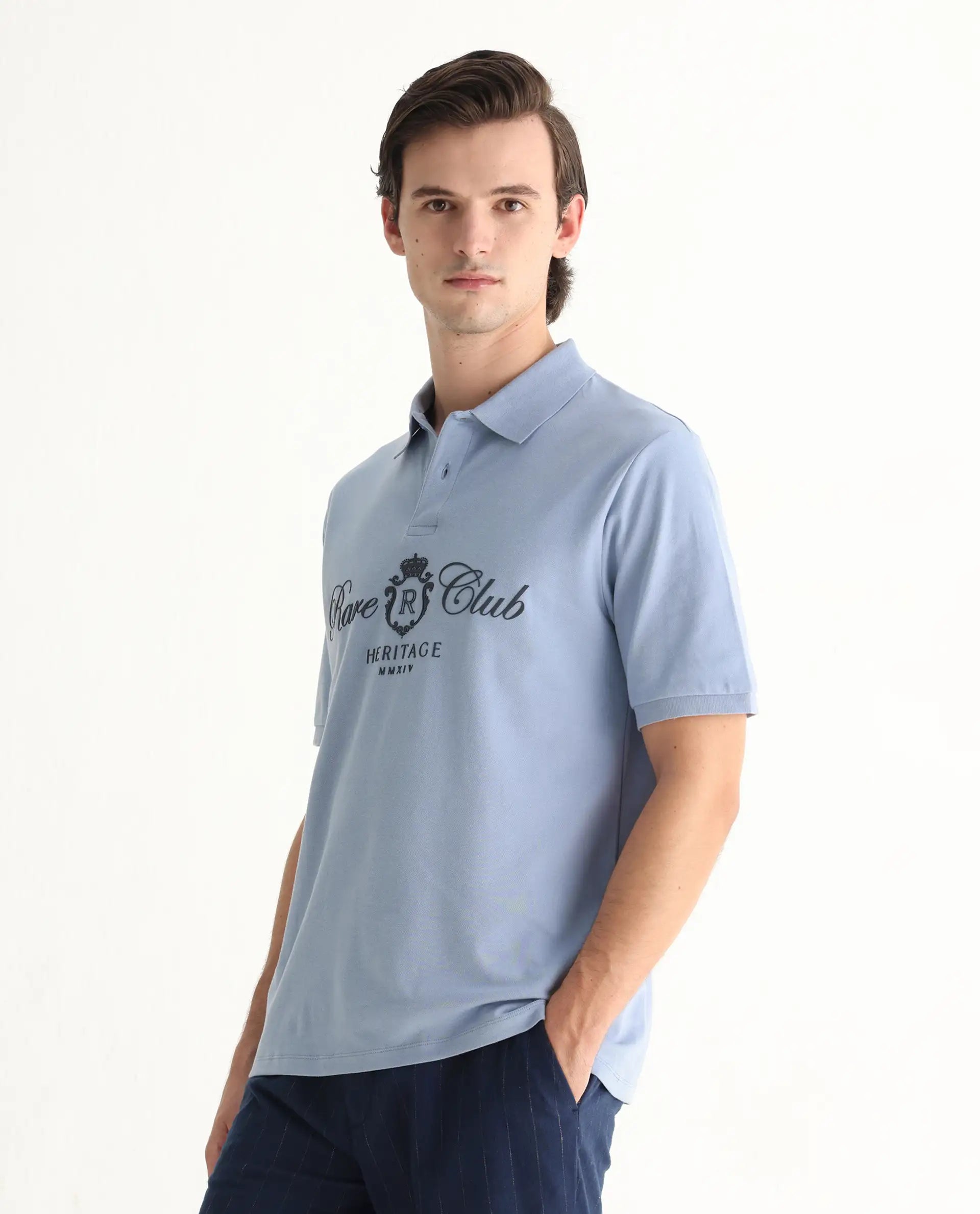 Rare Rabbit Men's Rem Light Blue Cotton Graphic Print Regular Fit Half Sleeve Polo