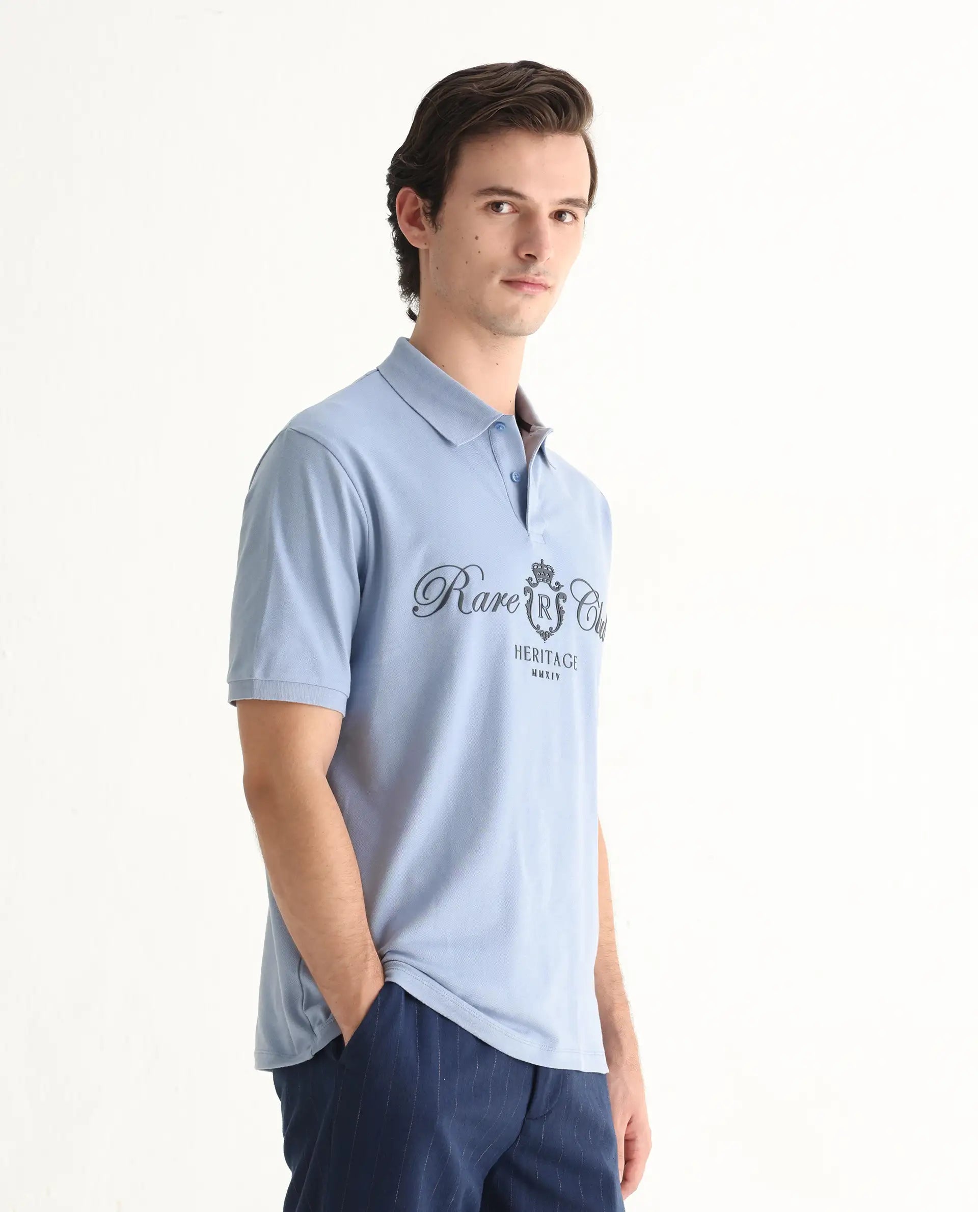 Rare Rabbit Men's Rem Light Blue Cotton Graphic Print Regular Fit Half Sleeve Polo