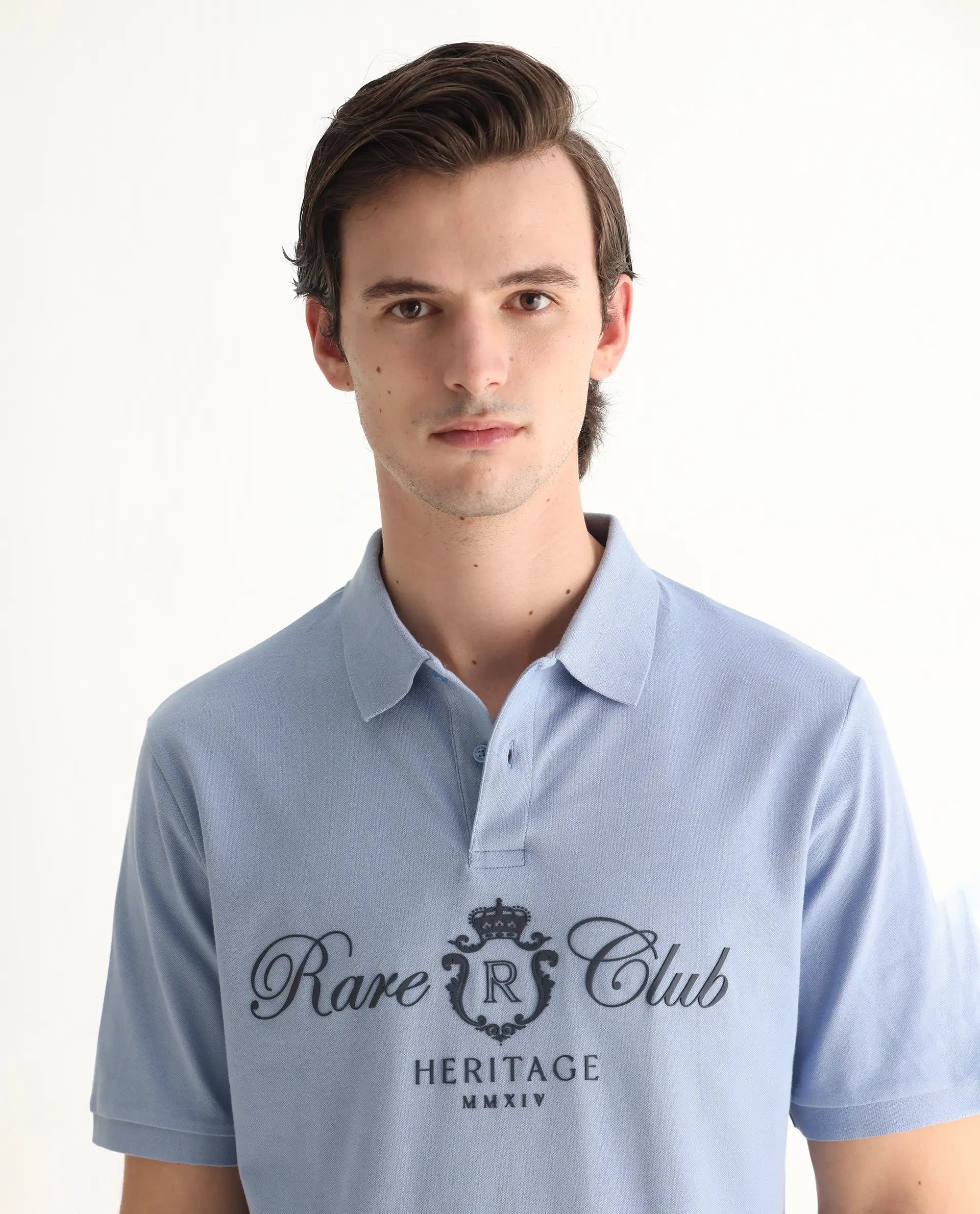 Rare Rabbit Men's Rem Light Blue Cotton Graphic Print Regular Fit Half Sleeve Polo