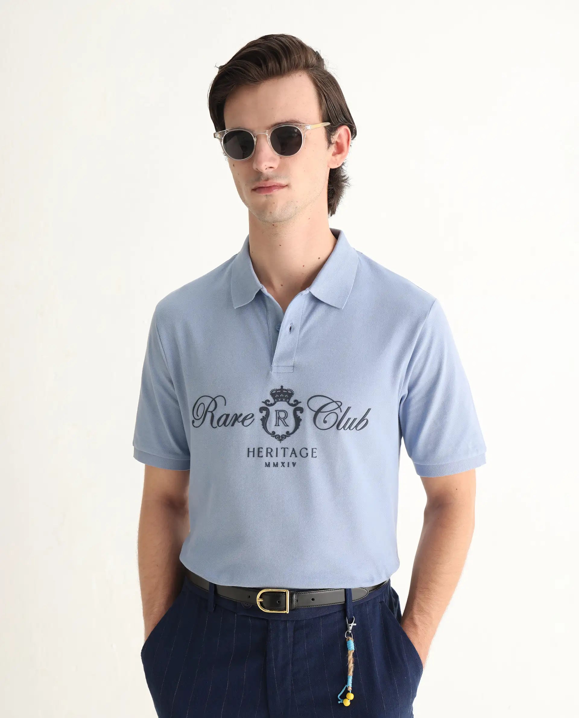 Rare Rabbit Men's Rem Light Blue Cotton Graphic Print Regular Fit Half Sleeve Polo