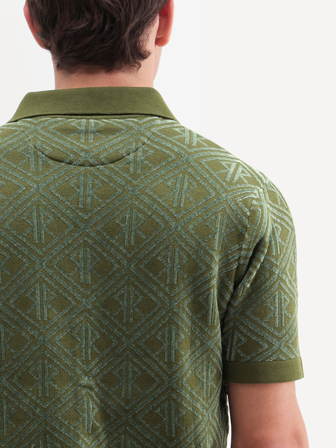 Rare Rabbit Men's Rene Dusky Green Cotton Blend Johnny Collar Regular Jacquard Polo